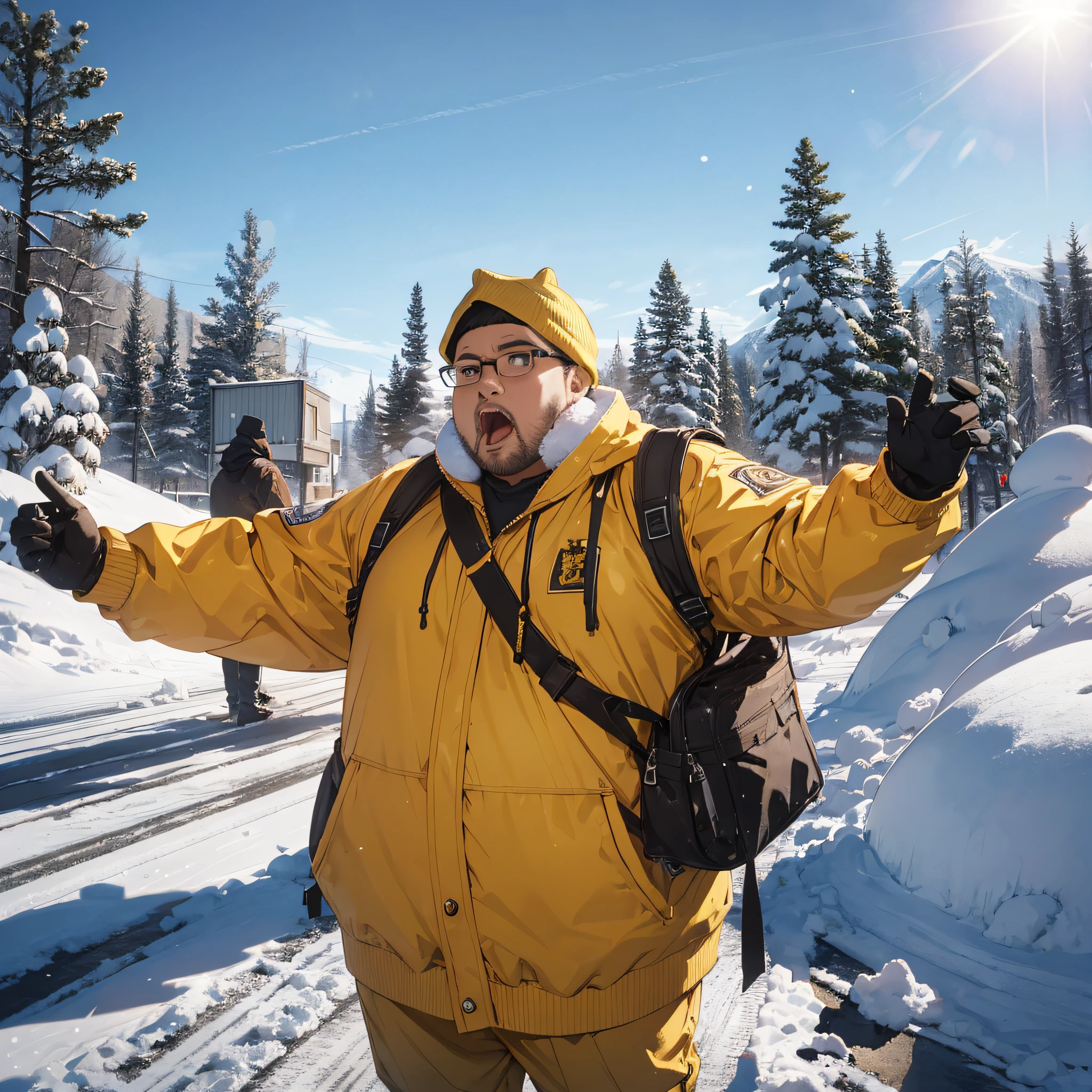 Ridiculous resolution,A high resolution,(tmasterpiece:1.4),Hyper-detailing,On the campus runway,are standing,nevando,snowfield,Fat man in yellow suit,Wearing glasses,Shouting with a horn,Serious look
