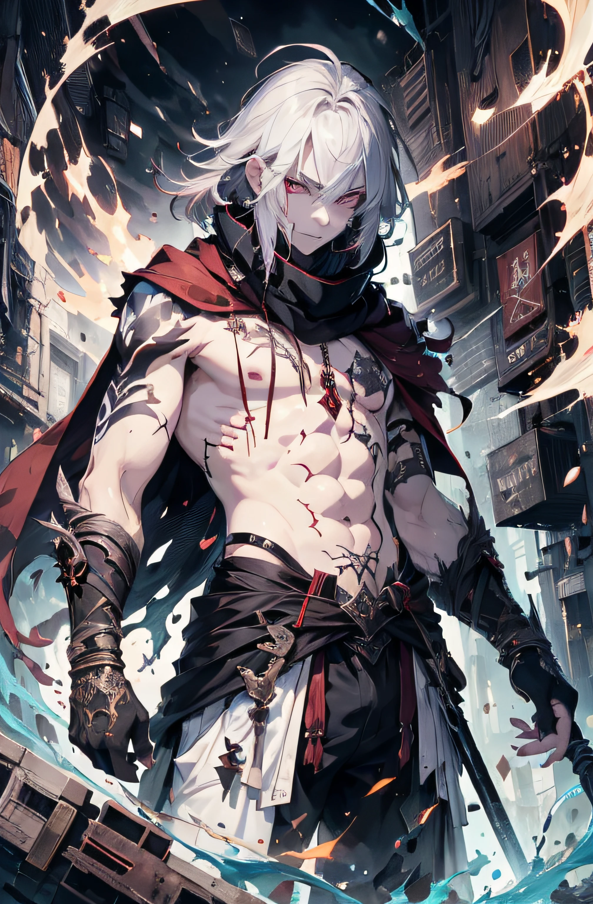 (absurdres, highres, ultra detailed), masterpiece, best quality, solo, a boy with white long hair, red and white robe, handsome, finely eye, detailed eye, vibrant red eyes, detailed face, black scarf, bare chest, carry two swords, dual-swords, tattoo, from below, look down, ruined city, dark background, swirl, spark