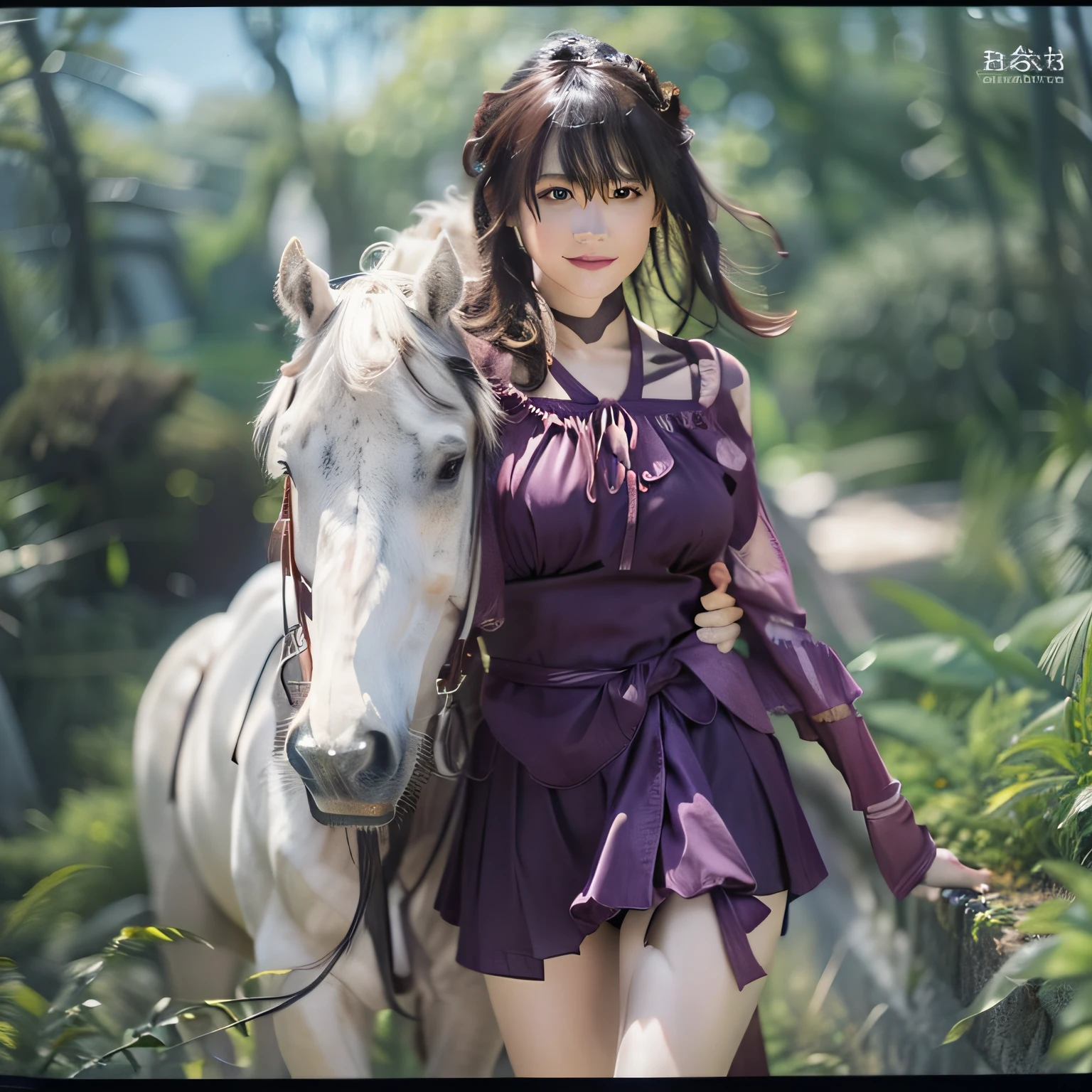 (8K、Raw photography、top-quality、​masterpiece:1.2)、(realisitic、Photorealsitic:1.37)、top-quality、超A high resolution、Best Quality, Head:1.3, finely detailed skin, Sharp Focus, Soft lighting, Dynamic Angle, [:(Detailed face:1.2):0.2], large full breasts,Riding a horse, Outside,swim wears,maikurobikini,In the grass,Dark hair