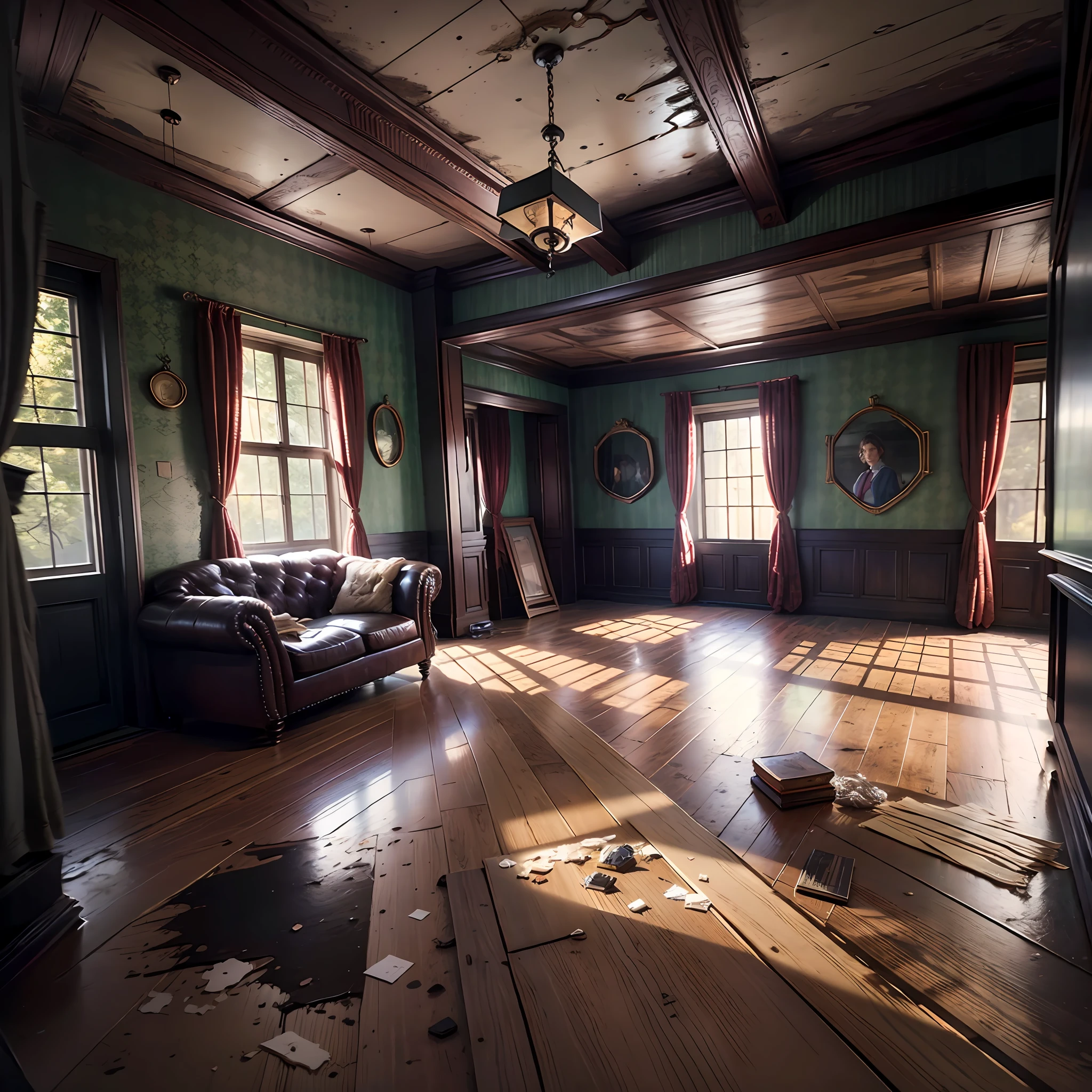 Computer-generated image, Clarity, detailing the interior of an old rich house, image: 7K, A detailed image of the interior of an old manor house, Detailed description of the old house, Dark streaks of sunlight illuminate the old wooden floor, Broken old furniture, furniture scattered around the room in the parts of the room, not a single whole detail, Pieces of furniture are scattered on the floor in the room, glass fragments, Broken window with torn curtains, Inside there is an explosion, everything is broken from tearingGirl in a raincoat sitting on the floor, cinematic still, vignette, in the center, “Hyper-realistic textures," "Exact Details,” “Realistic still life,” “Realistic portraits,” “Realistic landscapes.“Hyper-realistic textures," "Exact Details,” “Realistic still life,” “Realistic portraits,” “Realistic landscapes."street fighter", Artstation, makoto sinkai, by stanley artgerm lau, WLOP, rossdraws "
