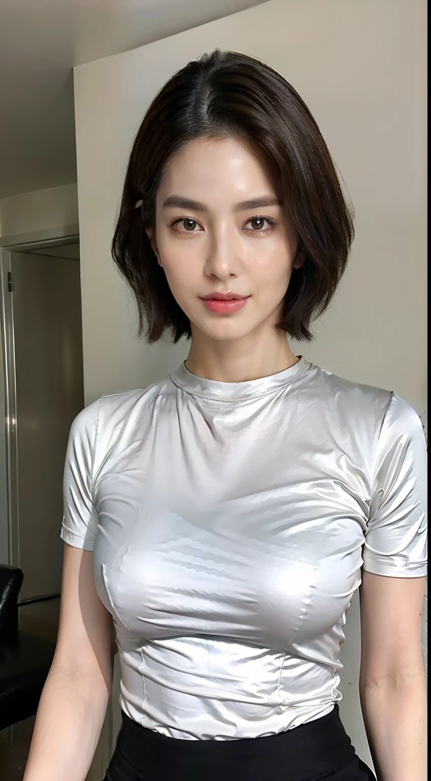 ((top-quality)), long legged, foco nítido:1.2, Beautiful woman with perfect body shape:1.4, Slender Abs:1.1, ((dark brown short hair、Colossal tits:1.2)), (Shiny Silver Tight T-Shirt, The sheen、Standing Black Spats:1.2), Detailed face and skin texture, A detailed eye,a room