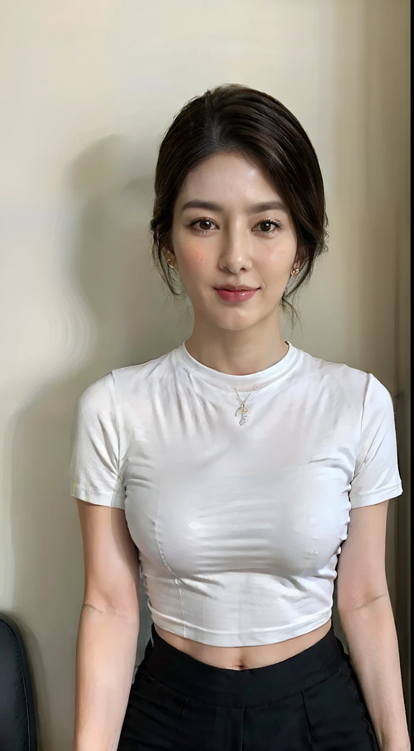 ((top-quality)), long legged, foco nítido:1.2, Beautiful woman with perfect body shape:1.4, Slender Abs:1.1, ((dark brown short hair、Colossal tits:1.2)), (Shiny Silver Tight T-Shirt, The sheen、Standing Black Spats:1.2), Detailed face and skin texture, A detailed eye,a room