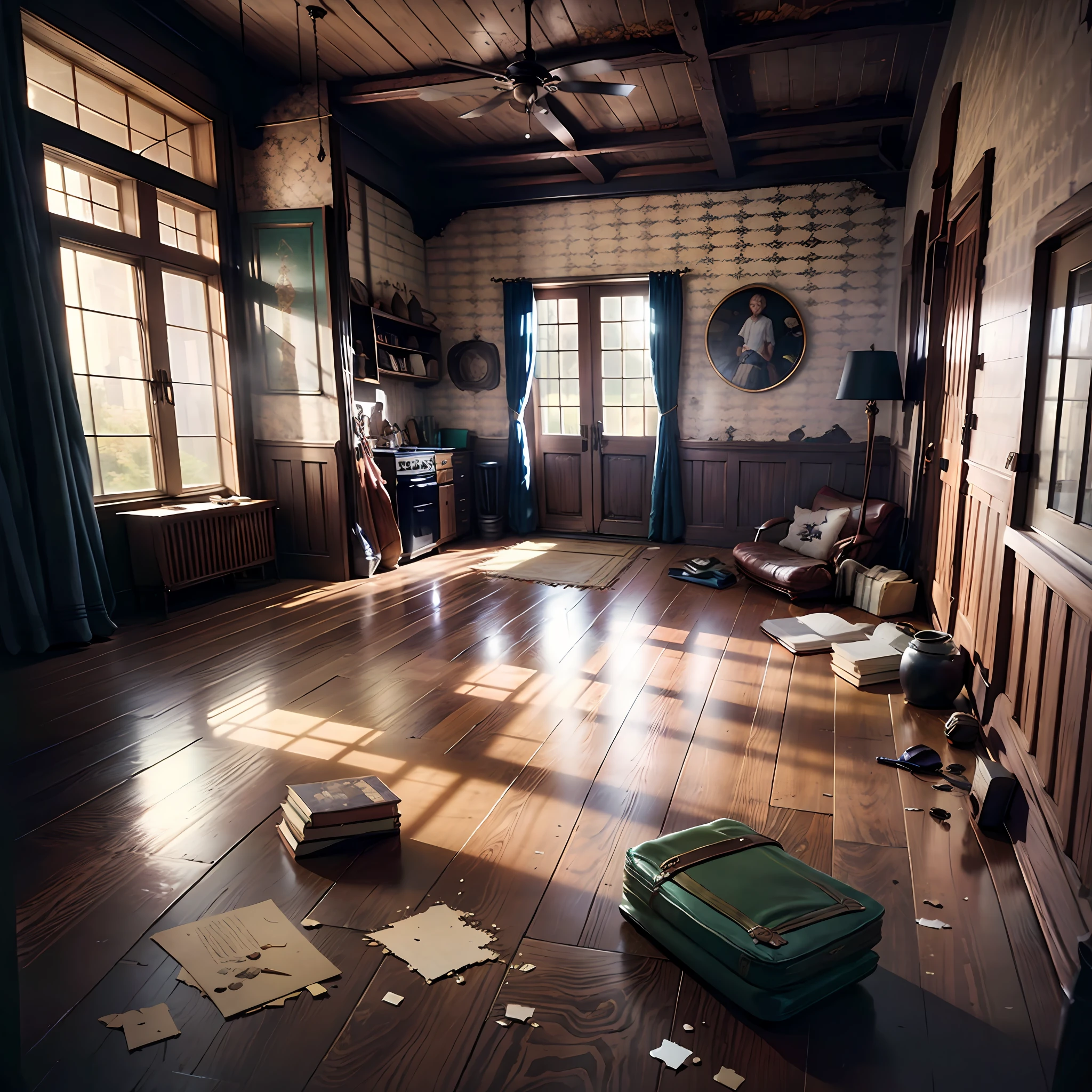 Computer-generated image, Clarity, detailing the interior of an old rich house, image: 7K, A detailed image of the interior of an old manor house, Detailed description of the old house, Dark streaks of sunlight illuminate the old wooden floor, Broken old furniture, furniture scattered around the room in the parts of the room, not a single whole detail, Pieces of furniture are scattered on the floor in the room, glass fragments, Broken window with torn curtains, Inside there is an explosion, everything is broken from tearingGirl in a raincoat sitting on the floor, cinematic still, vignette, in the center, “Hyper-realistic textures," "Exact Details,” “Realistic still life,” “Realistic portraits,” “Realistic landscapes.“Hyper-realistic textures," "Exact Details,” “Realistic still life,” “Realistic portraits,” “Realistic landscapes."street fighter", Artstation, makoto sinkai, by stanley artgerm lau, WLOP, rossdraws "