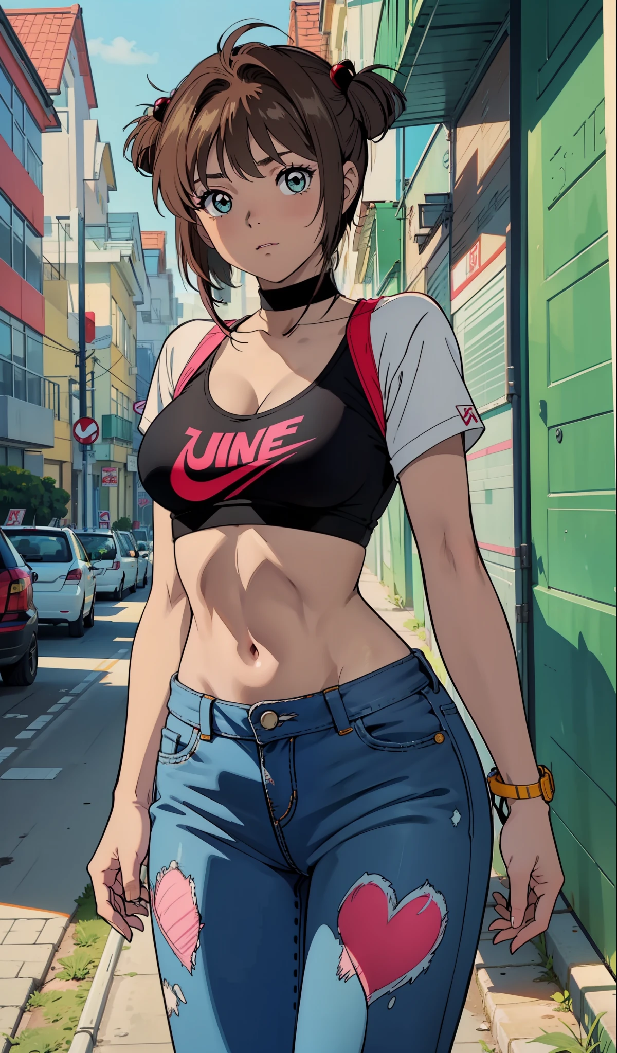 Sakura Kinomoto, muito sensual, com roupas de funkeira, brasileira, na cidade do rio de janeiro, Brasil, dancing funk, rebolando, bunda grande, pernas grossas, usando um short jeans extremamente curto, usando uma mini blusa, umbigo com pirsing, sneakers Nike, cabelo comprido, Speaker behind, corpo inteiro, muito realista, extremamente sexy, 8k, 8k extremamente detalhado), (um extremamente delicado e bonito), (obra-prima), (melhor qualidade: 1.0), (ultra highres:1.0)