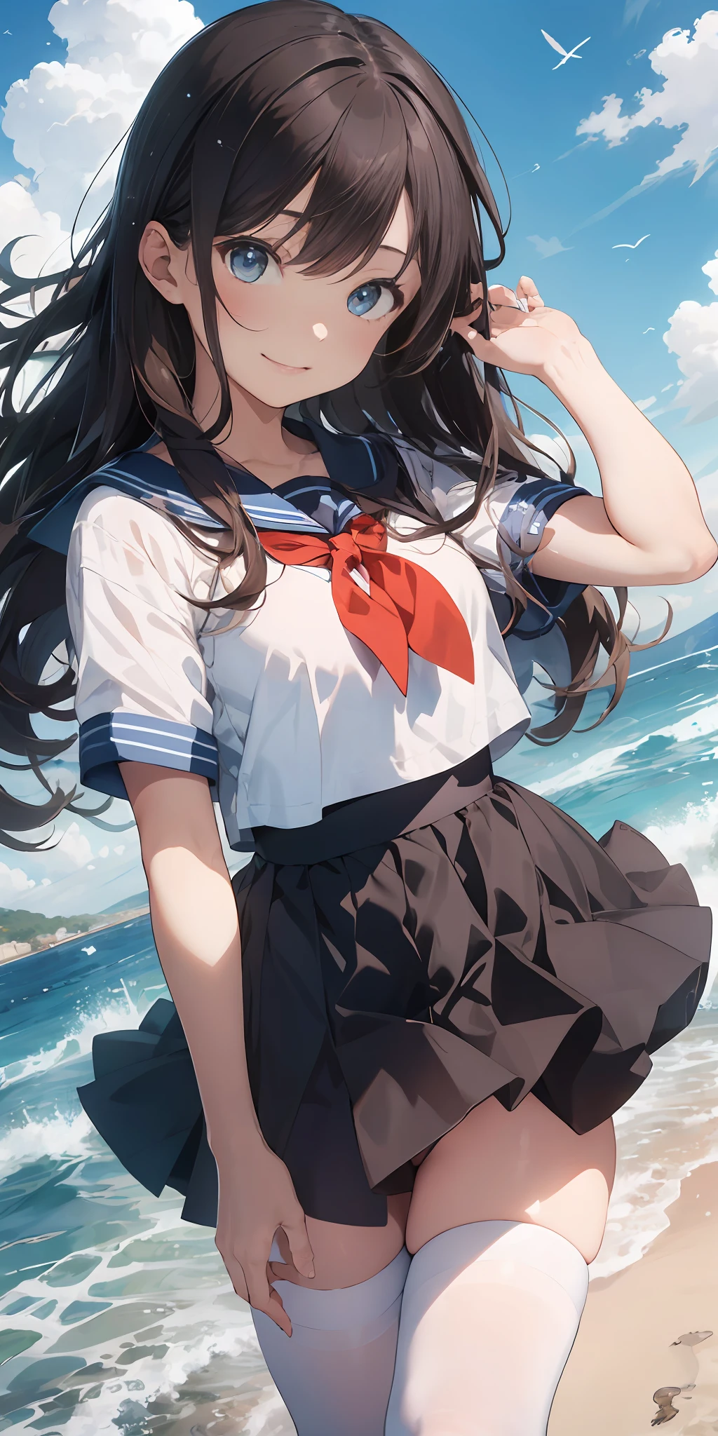 1girll, Beautiful detailed eyes, Brown hair long, Light blue eyes, a sailor suit, High white stockings, Glossy glossy skin, Seaside, beach, Waves, High contrast,ssmile,Side Body,Turn Back,no head gear,Black JK skirt ,((Masterpiece, Best quality))