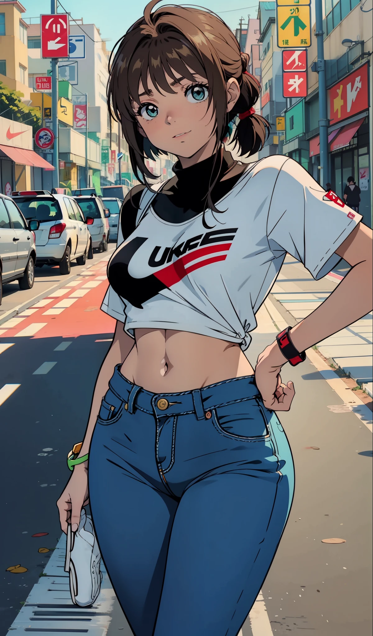 Sakura Kinomoto, muito sensual, com roupas de funkeira, brasileira, na cidade do rio de janeiro, Brasil, dancing funk, rebolando, bunda grande, pernas grossas, usando um short jeans extremamente curto, usando uma mini blusa, umbigo com pirsing, sneakers Nike, cabelo comprido, Speaker behind, corpo inteiro, muito realista, extremamente sexy, 8k, 8k extremamente detalhado), (um extremamente delicado e bonito), (obra-prima), (melhor qualidade: 1.0), (ultra highres:1.0)