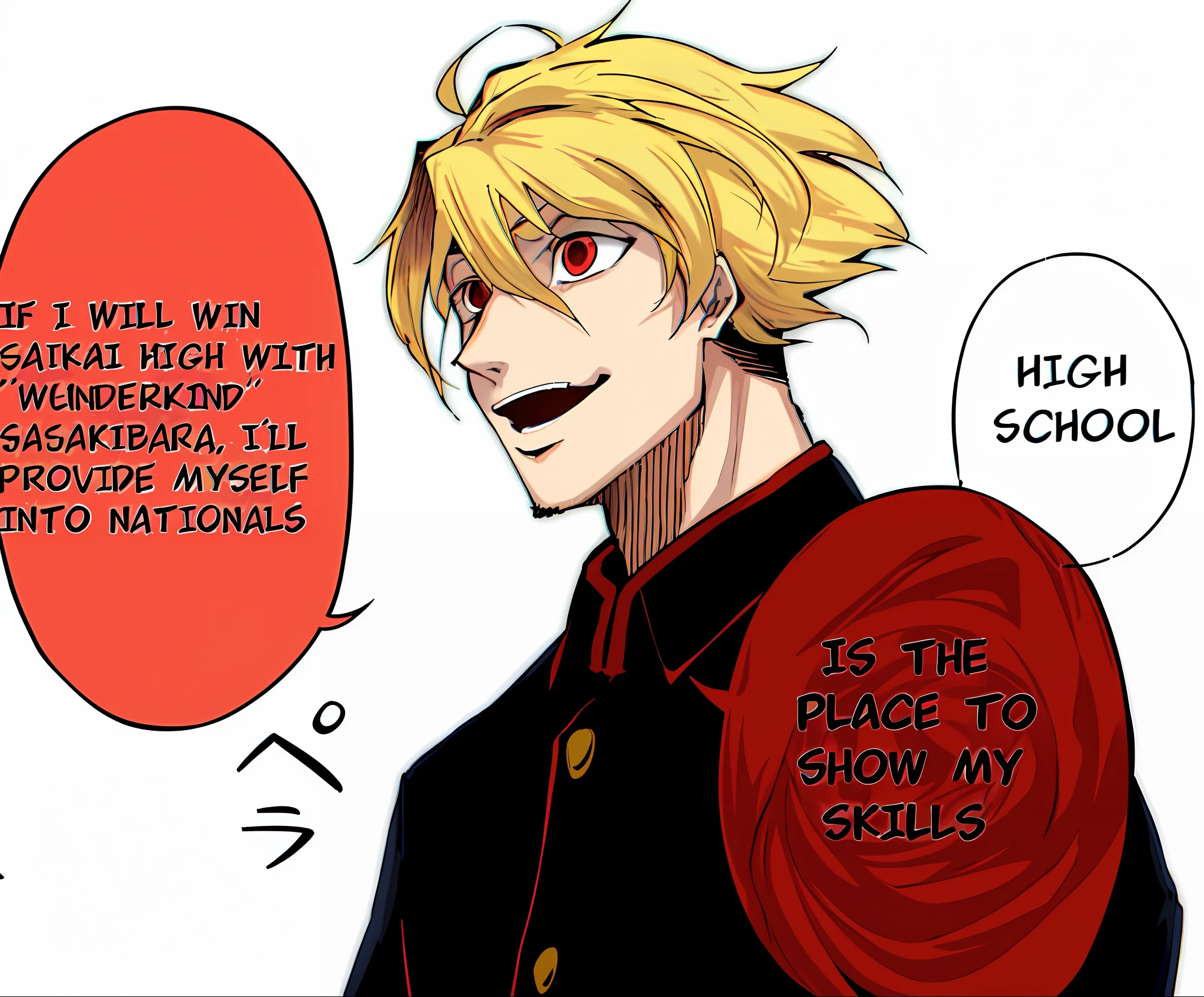 a anime of a man with blonde hair from side view, red eyes, black shirt uniform school, open mouth, text bubble speech, color manga, manga color, color manga, color manga panel, simple background, a white background