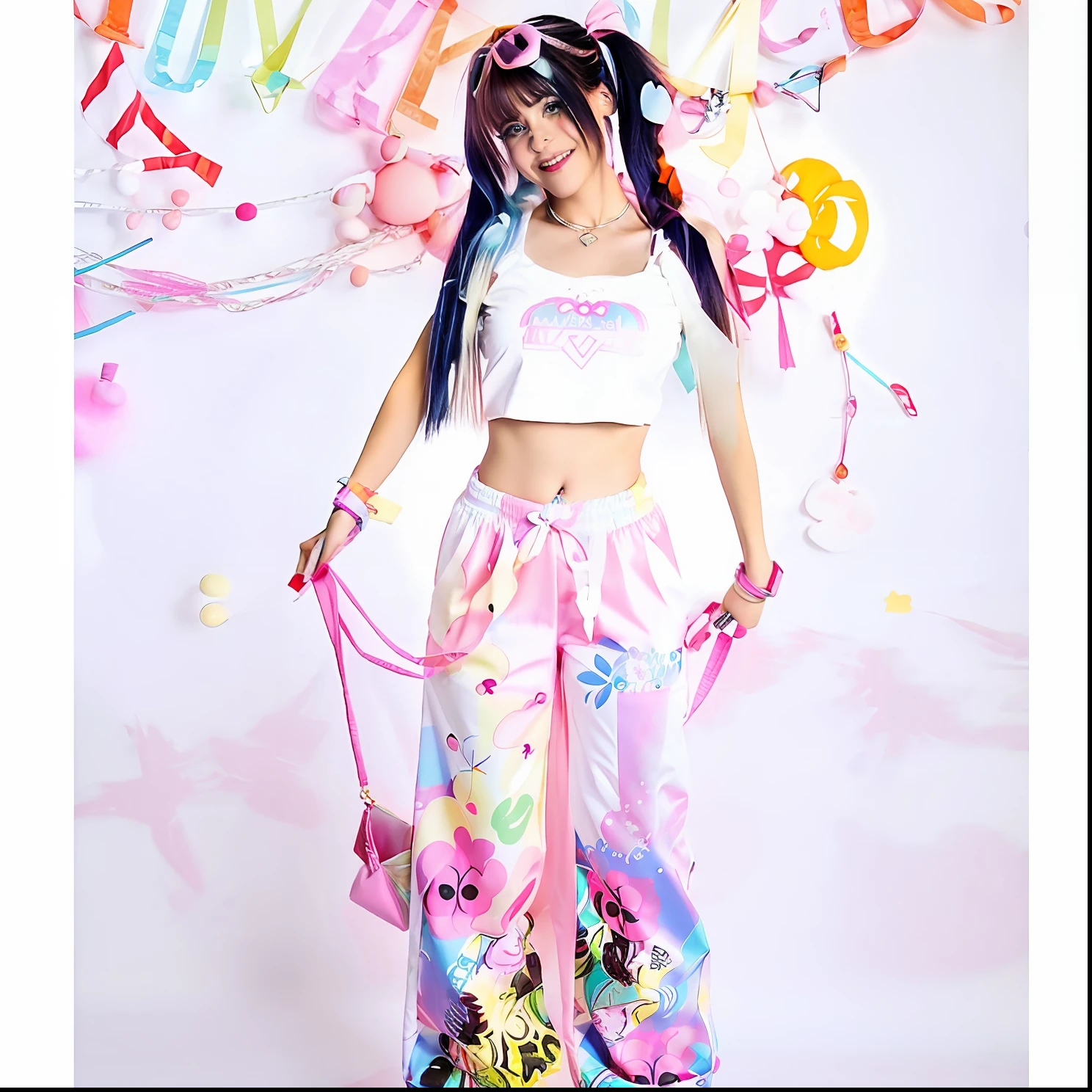 Arapei girl in white top and pink pants with bag, y 2 k cutecore clowncore, rave outfit, cute rave outfit, decora inspired, 8 0's airbrush aesthetic, belle delphine, fun rave outfit, Cartoon look, bold rave outfit, bright trouser suit for a rave, Kawaii style, h. Show on the. D