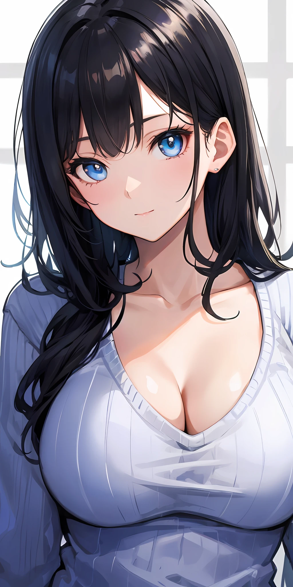 1girl, straight black hair, glowing blue eyes, oversized sweater, large breasts, cleavage_window, (simple background), portrait, realistic, sidelighting,