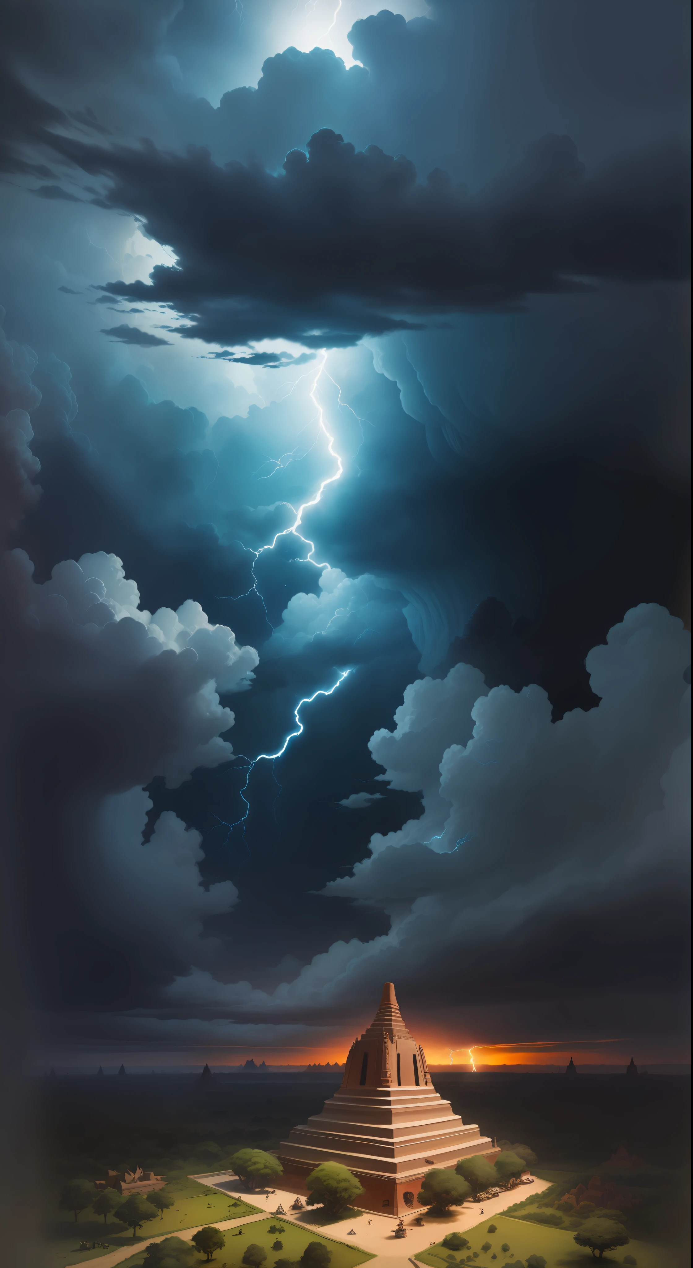 Diorama, Bagan, Myanmar, magical, dark, mysterious, supernatural, dark clouds, lightning
