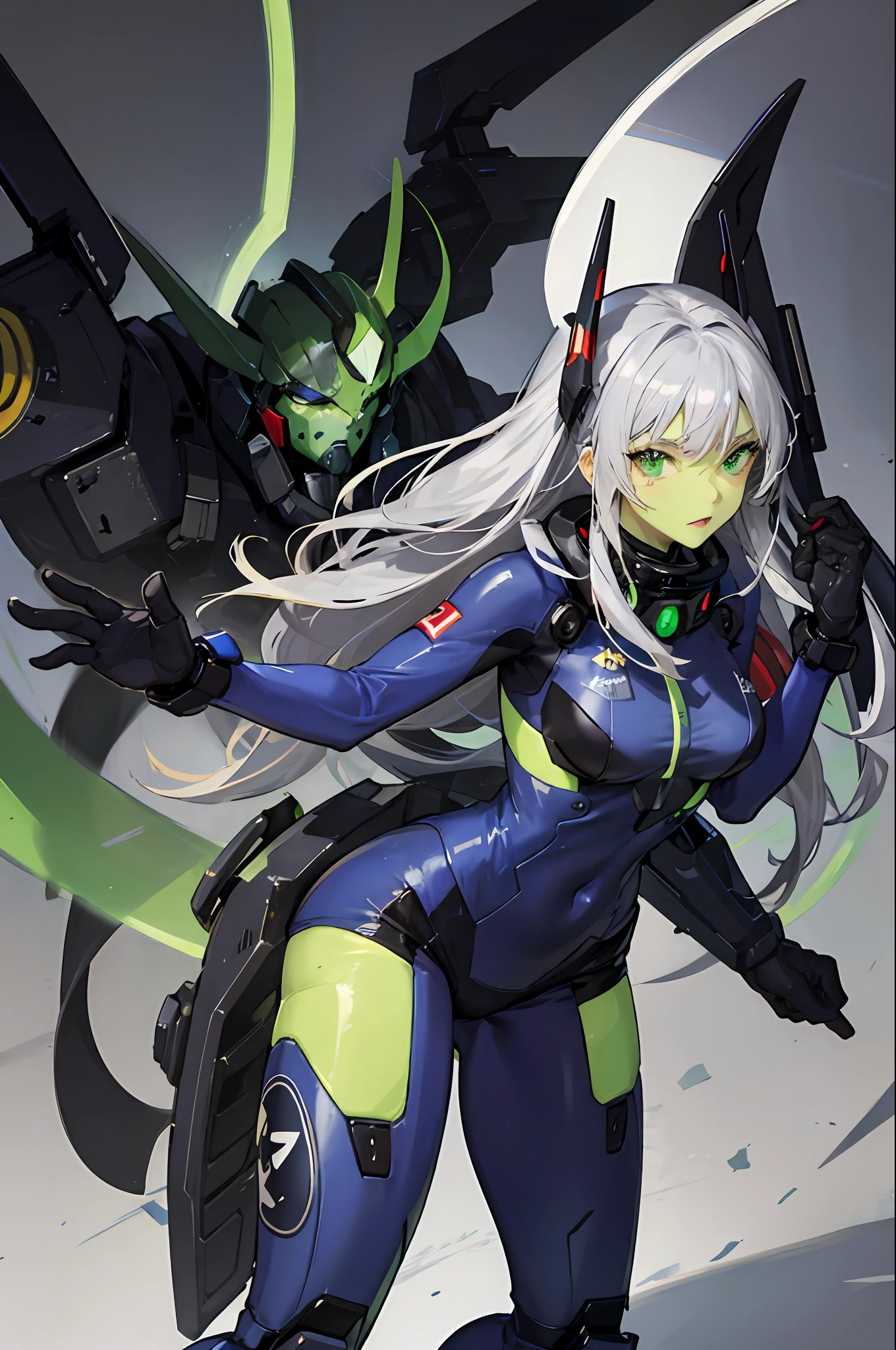 Girl with green skin，Wearing a mecha suit，Silvery hair，