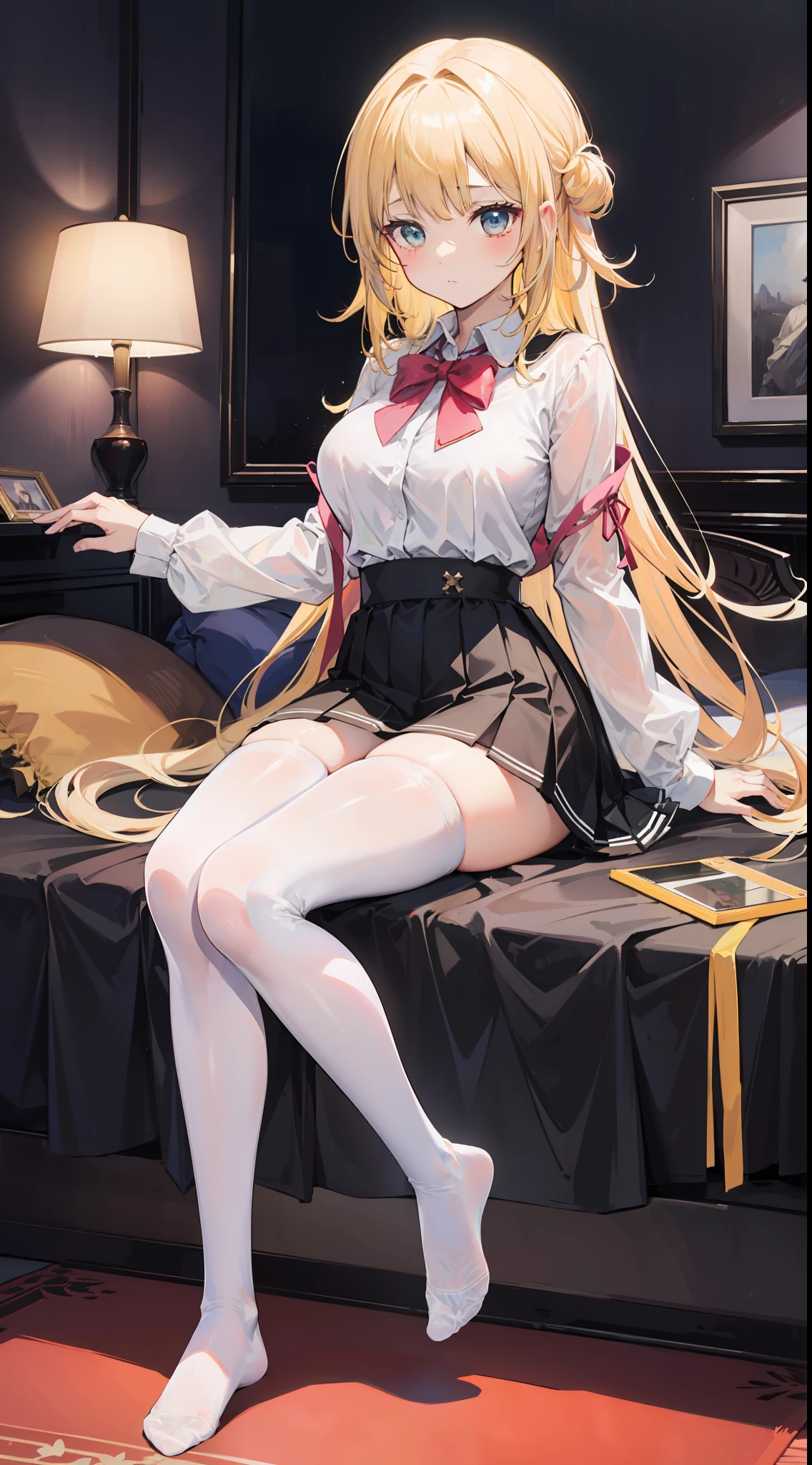 Masterpiece（（tmasterpiece）），White color blouse（（black micro skirt）），（（White transparent stockings）），（No shoes on），adolable，Raised sexy，is shy，（Long yellow）Hair，Red bow