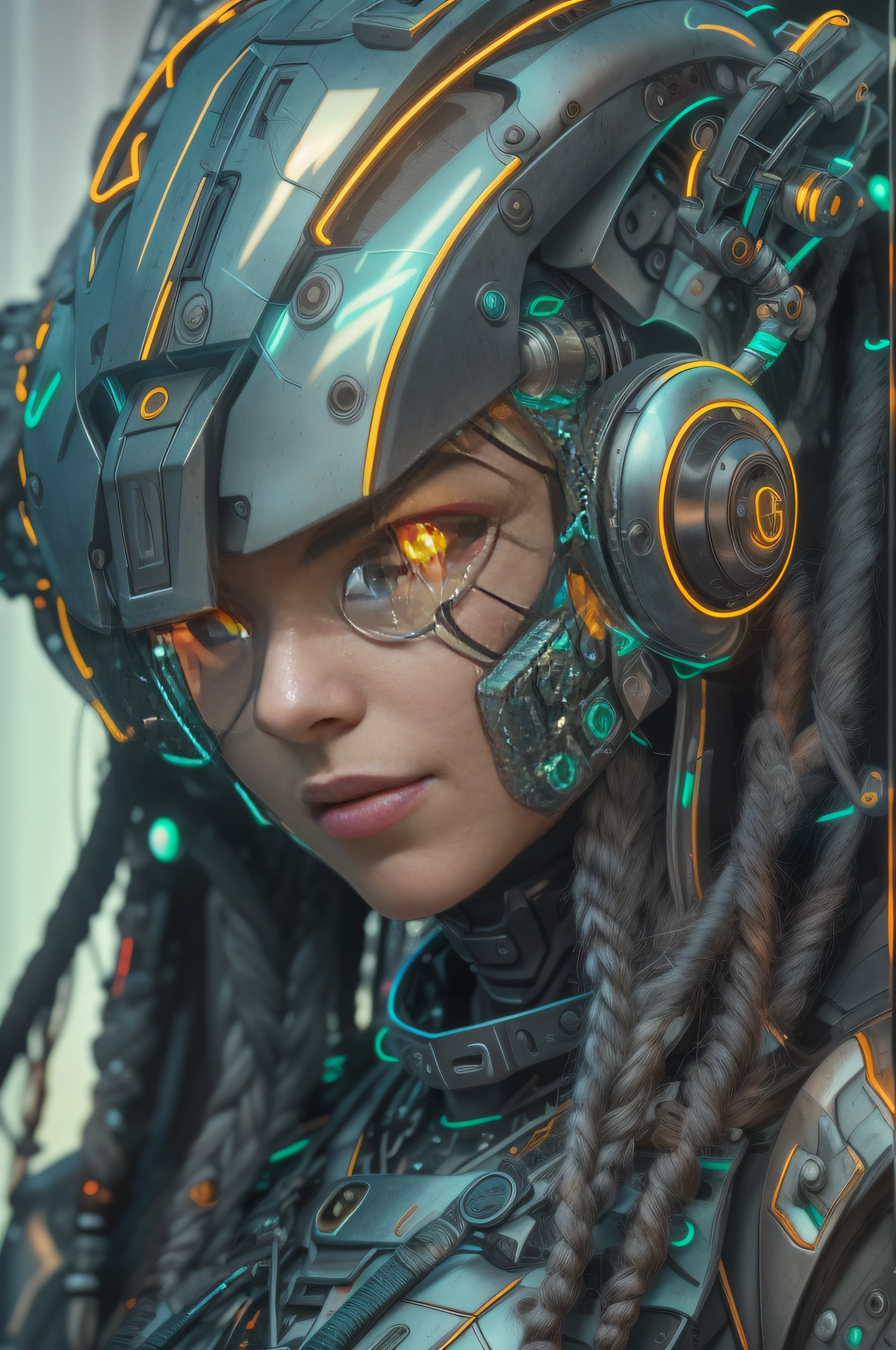 masterpiece, best quality, upper body, close-up of a fantastic looking cyborg girl in a fantastic cyber helmet with dreadlocks neon inserts with glass and metal, in glossy color with elegant details, HDR, ray tracing, rich details of light and shadow, outside, extremely detailed, random camera angle