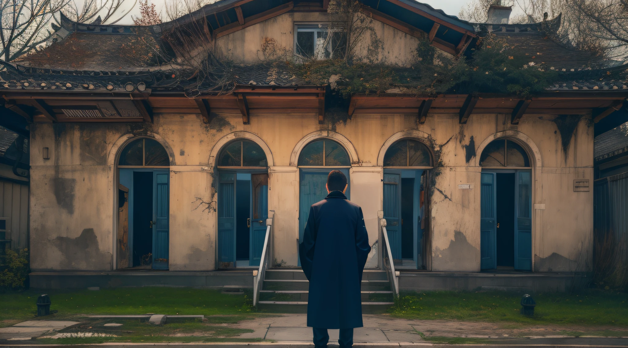 A man stands in front of a murderous mansion。The Murder Mansion is an ancient building,Shabby and eerie,There are cracks and faded paint on the walls。Man wearing black coat and jeans,With a nervous expression。sudden,He noticed a vague ghost on the wall,It gives a feeling of horror and distraction。The surroundings are a dim scene,It creates a mysterious and terrifying atmosphere。The style is photography,Use standard lenses,The focal length is 50mm。