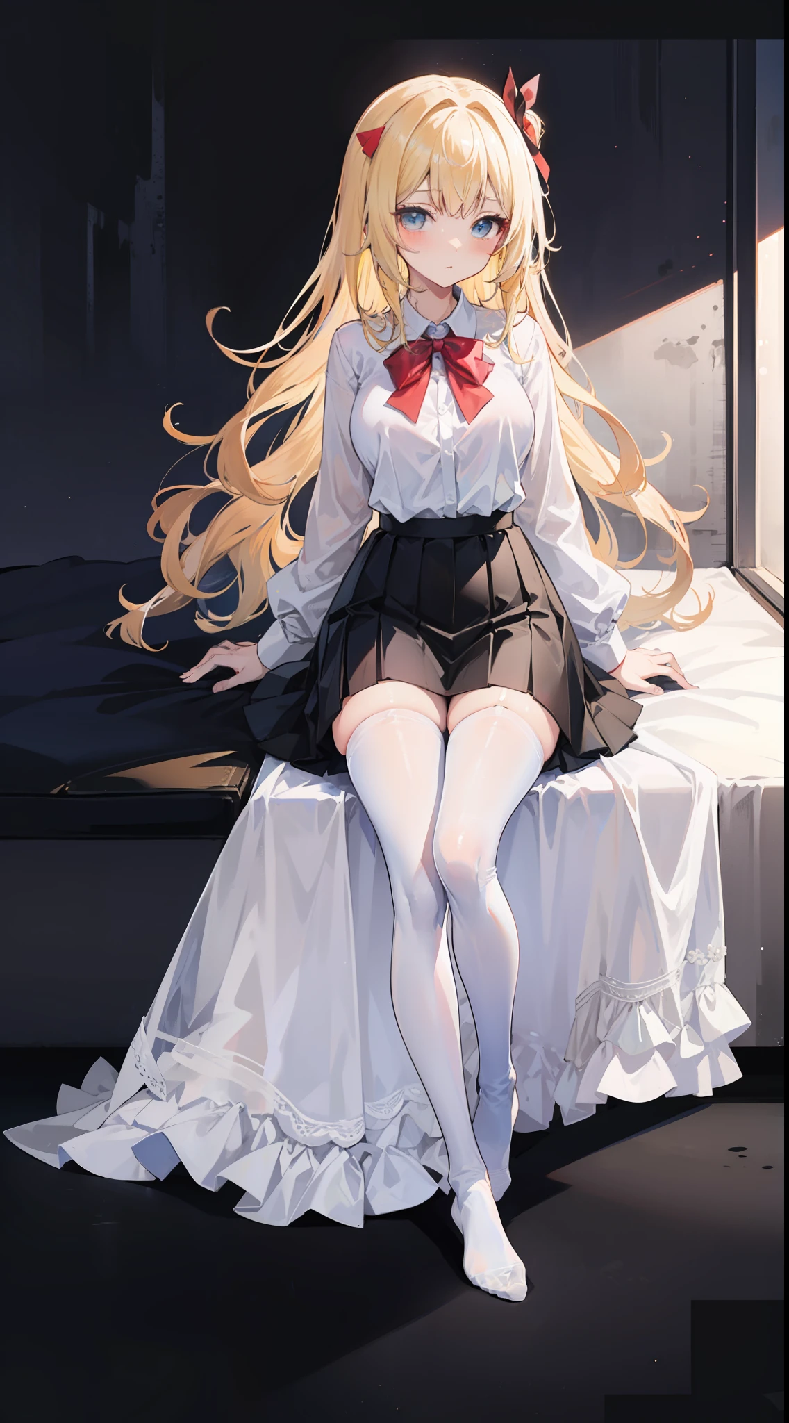 Masterpiece（（tmasterpiece）），White color blouse（（black micro skirt）），（（White transparent stockings）），（No shoes on），adolable，Raised sexy，is shy，（Long yellow）Hair，Red bow