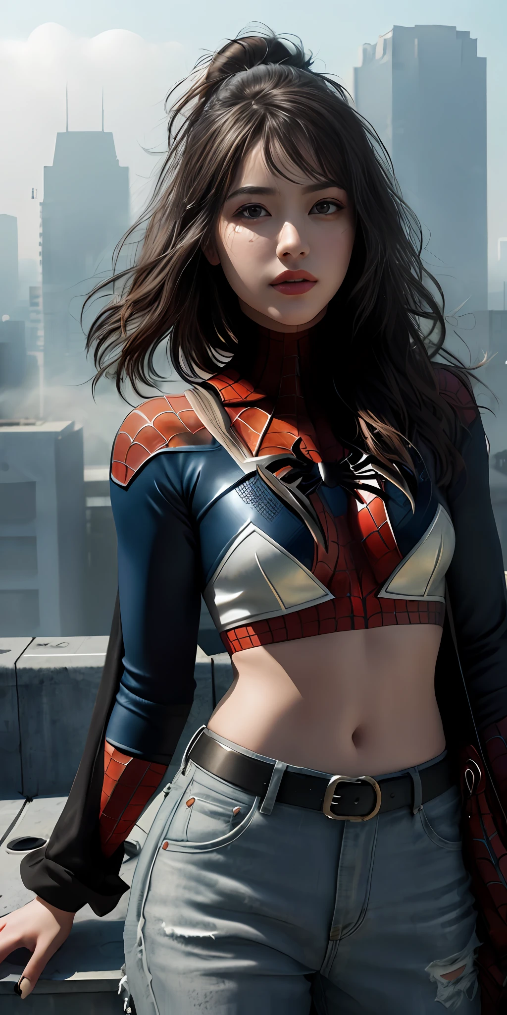(1girl:1.3), Solo, (((Very detailed face)))), ((Very detailed eyes and face)))), Beautiful detail eyes, Body parts__, Official art, Unified 8k wallpaper, Super detailed, beautiful and beautiful, beautiful, masterpiece, best quality, original, masterpiece, super fine photo, best quality, super high resolution, realistic realism, sunlight, full body portrait, amazing beauty, dynamic pose, delicate face, vibrant eyes, (from the front), She wears Spider-Man suit, red and black color scheme, spider, very detailed city roof background, rooftop, overlooking the city, detailed face, detailed complex busy background, messy, gorgeous, milky white, highly detailed skin, realistic skin details, visible pores, clear focus, volumetric fog, 8k uhd, DSLR, high quality, film grain, fair skin, photo realism, lomography, futuristic dystopian megalopolis, translucent