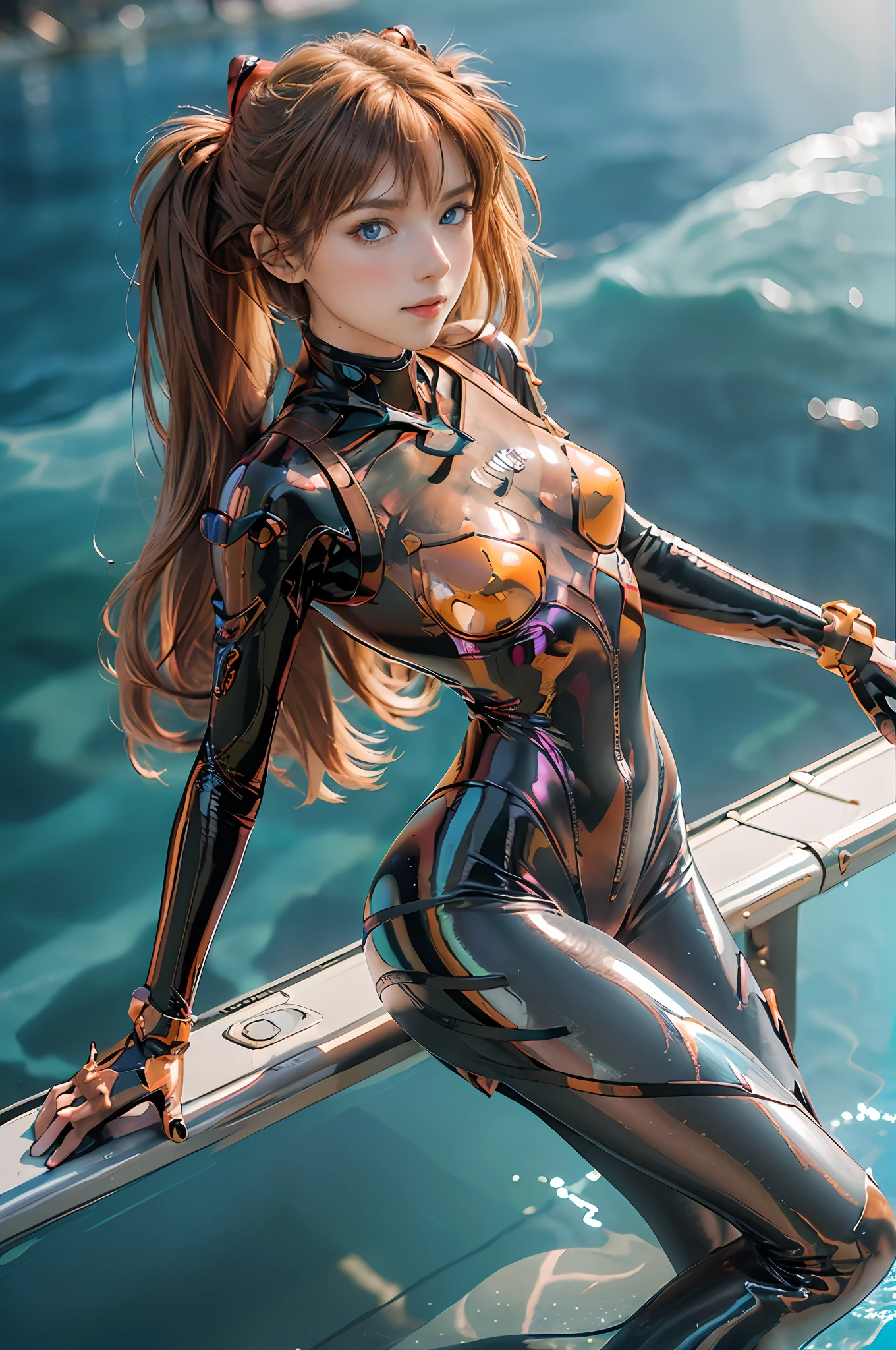 Masterpiece,8k,3D,(Realistic),Photography,Top Quality,((Full Body:1.5)),1 Woman,(Souryu Asuka Languri, Souryu Asuka Langley,Crimson Plug Suit 02),20 years old,Tall Face,Small Face,(ass focus),(From Bottom:1.5),Detailed Face, Detailed Lips, Detail Eyes, Double Eyelids, (Beautiful Face, Blue Eyes), Wet Eyes, Thin and Sharp Pale Eyebrows, Long Eyelashes, Seductive Smile,( Half-naked), ((translucent)), ((high-leg swimsuit)), (glossy), (metallic detail gloss, mirror-shining bodysuit, holographic leather), black latex on the inside of the arms, small logo pattern on the chest 02, (metallic color connection part under the chest in a full circle), black connection part on the shoulder in a full circle, two simple thick black lines from the thigh to the buttocks, Green parts of the shoulder blades, (delicate and beautiful fingers)), light brown hair, twin tails, thin waist, pale skin, ((open sea, sea, aircraft carrier, battleship, vivid blue sky, horizon, strong natural light, detailed background, sunlight), vivid coloring, movie lighting: 1, daylight lighting, exquisite lighting and shadows, very dramatic images, self-righteous, arrogant, blush, dynamic pose, UHD, DSLR, Fujifilm XT3Focus, Sharp: 1.2,
