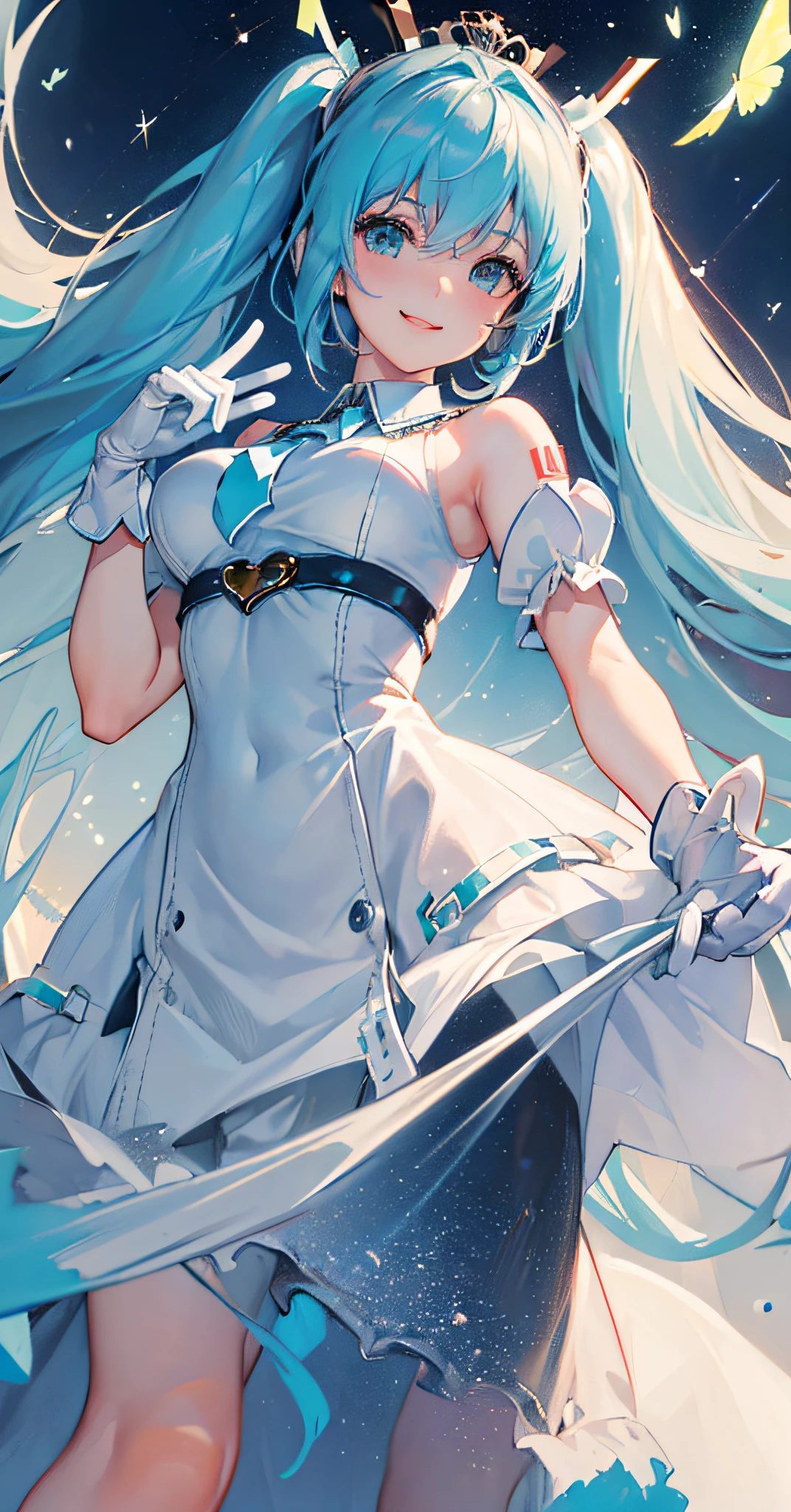 (((((best quality,White gloves))))), {1 girl}, ((masterpiece)), (highres), official art, ((((starsky))), ((((masterpiece))), (floating long hair, floating dress), ((( masterpiece, best quality, ultra-detailed)))), curely hair, { (((miku)))}, floating, skyline, silk dress, night, starsky, sky, erfly, stars, dreamly, birds, shinning bits, from below, luminous geometry, smile, masterpiece
