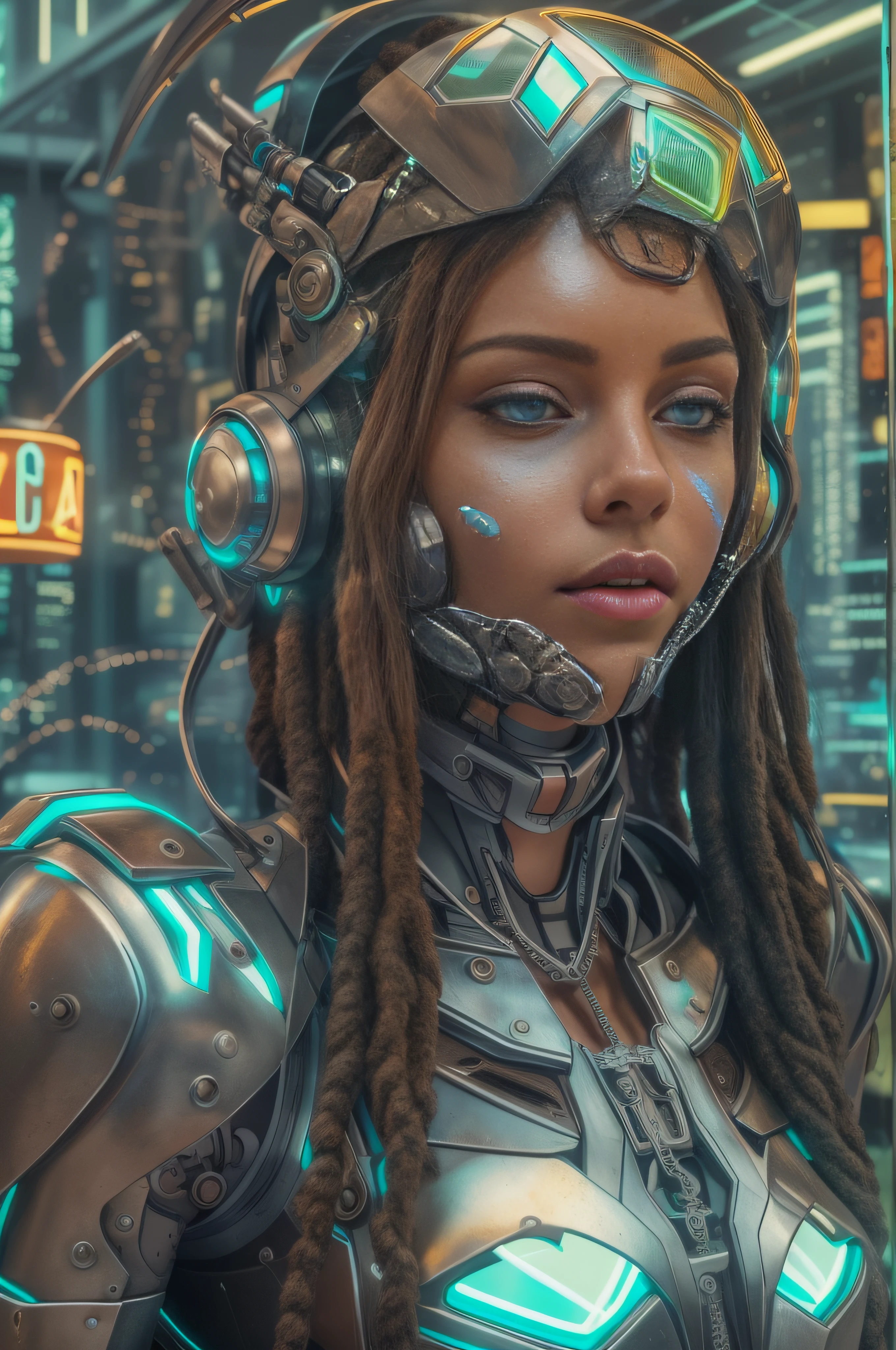 masterpiece, best quality, upper body, close-up of a fantastic looking cyborg girl in a fantastic cyber helmet with dreadlocks neon inserts with glass and metal, in glossy color with elegant details, HDR, ray tracing, rich details of light and shadow, outside, extremely detailed, random camera angle