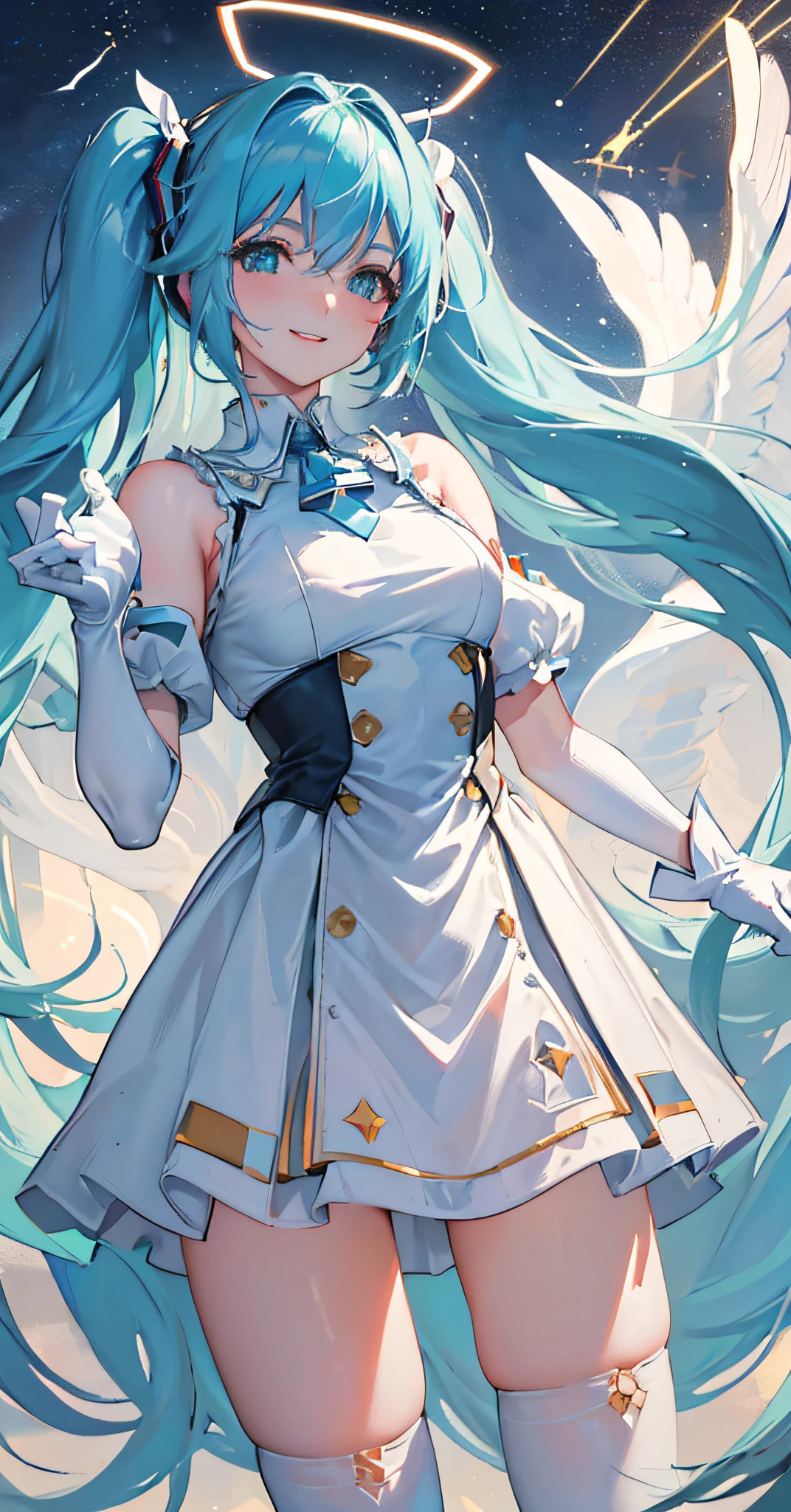 (((((best quality,White gloves))))), {1 girl}, ((masterpiece)), (highres), official art, ((((starsky))), ((((masterpiece))), (floating long hair, floating dress), ((( masterpiece, best quality, ultra-detailed)))), curely hair, { (((miku)))}, floating, skyline, silk dress, night, starsky, sky, butterfly, stars, dreamly, birds, shinning bits, from below, luminous geometry, smile, masterpiece