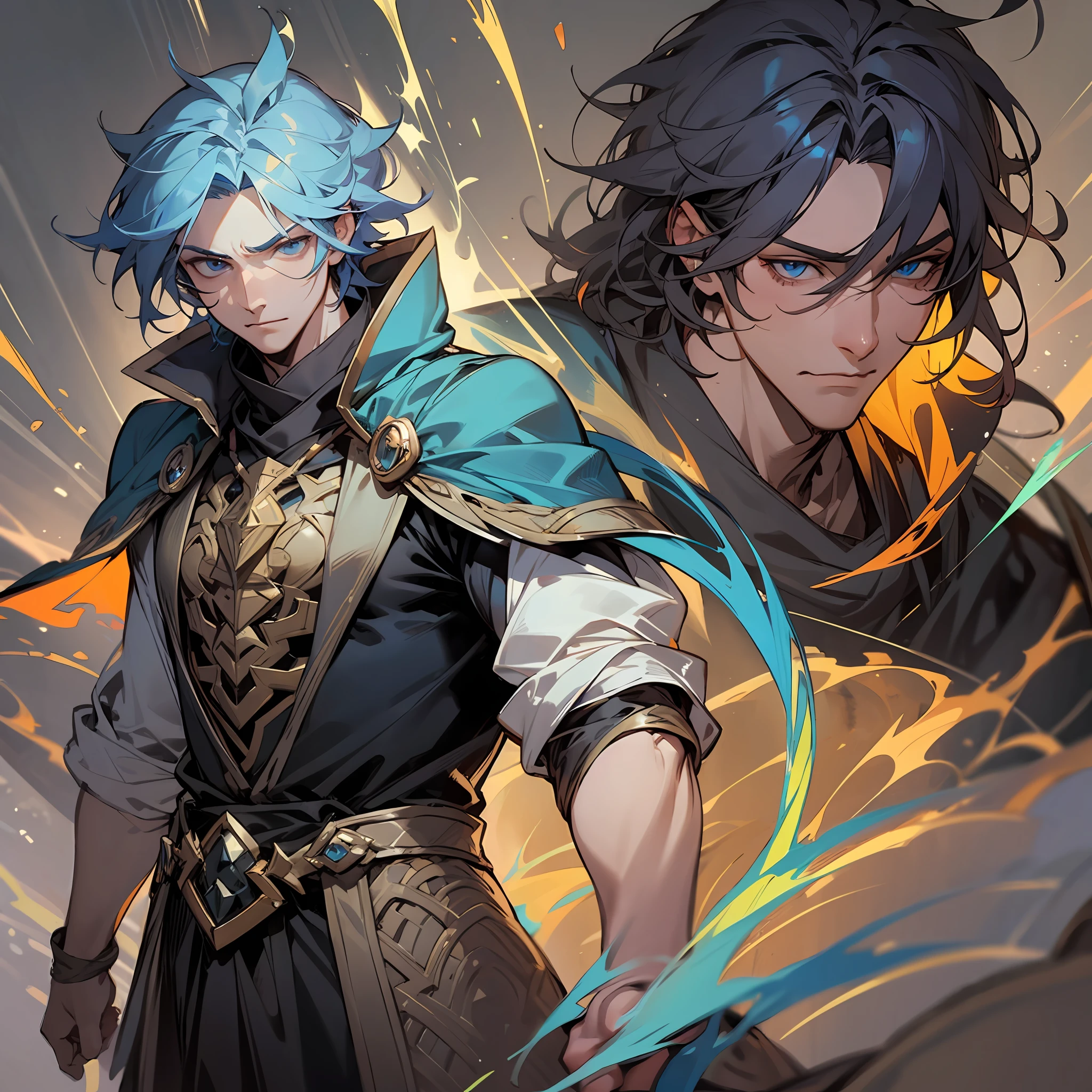 A handsome male character,Clear face,A bitter expression,The mage dresses up,Realistic game world,Training area
