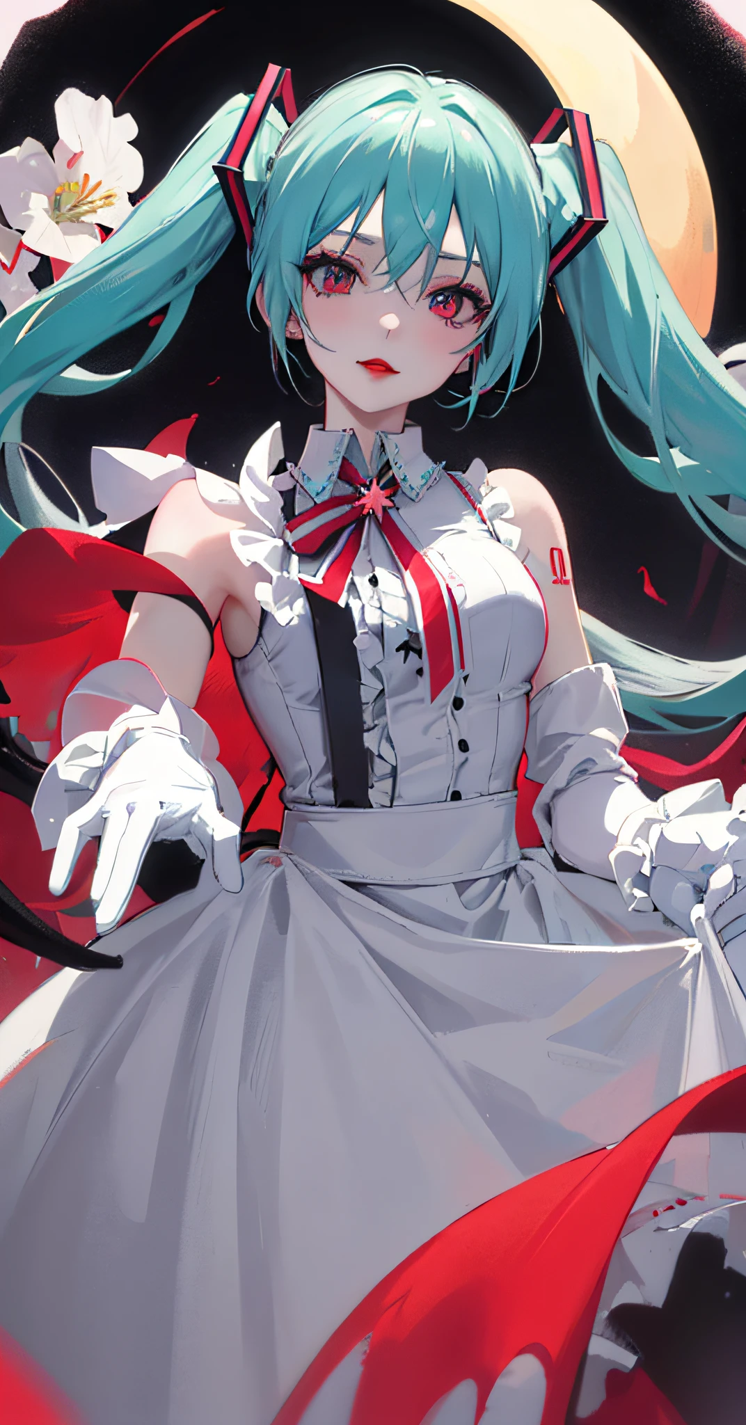 Shirt,pastel colors, masterpiece,(masterpiece，White gloves), (Hatsune Miku), Halloween style, red medium eyes, black eye-shadow, red lips, white long hair, medium breast, solo, flower wedding dress, night, grave background, star night, demon, vampire