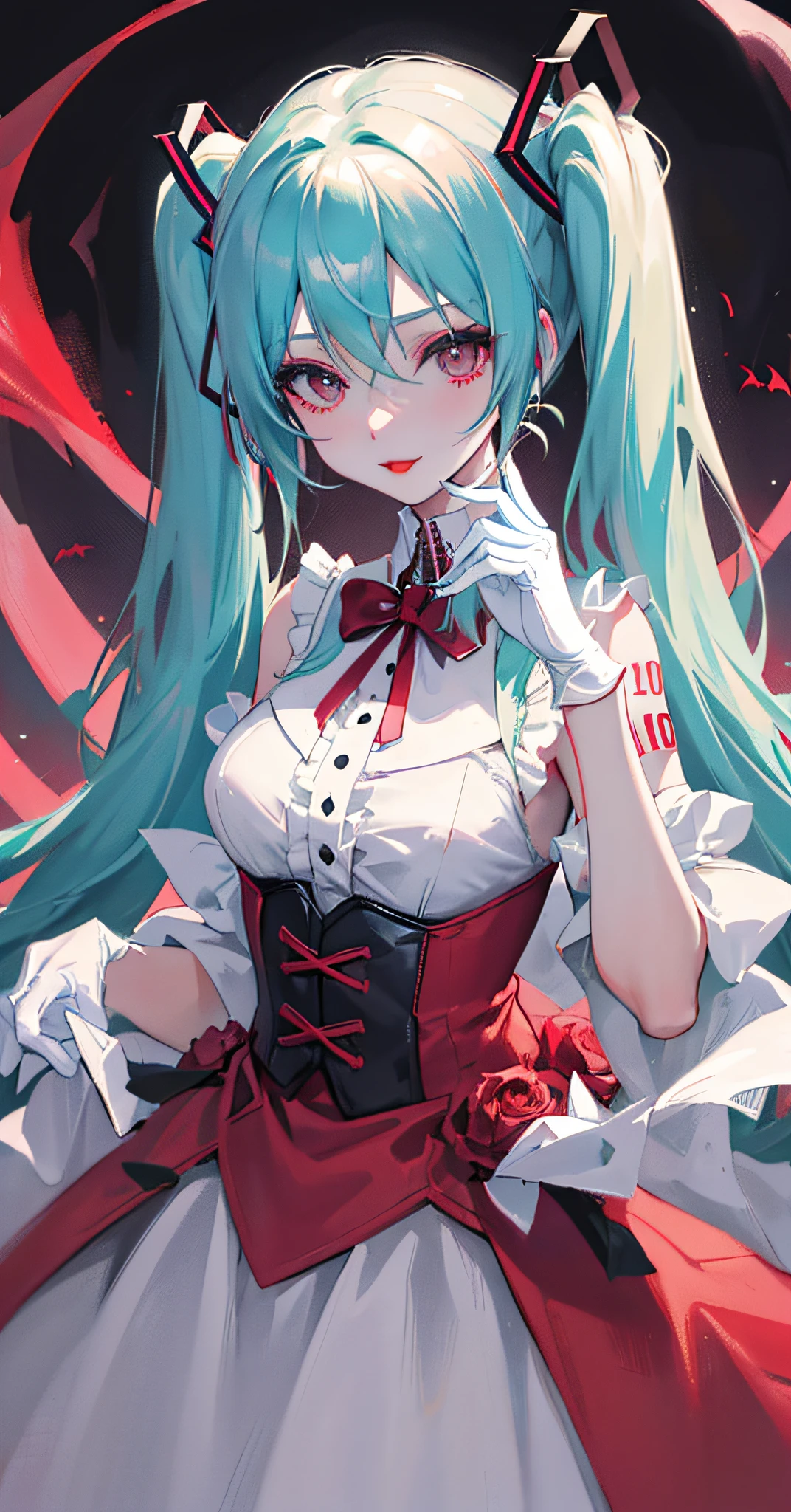 Shirt,pastel colors, masterpiece,(masterpiece,White gloves), (Hatsune Miku), Halloween style, red medium eyes, black eye-shadow, red lips, white long hair, medium breast, solo, flower wedding dress, night, grave background, star night, demon, vampire