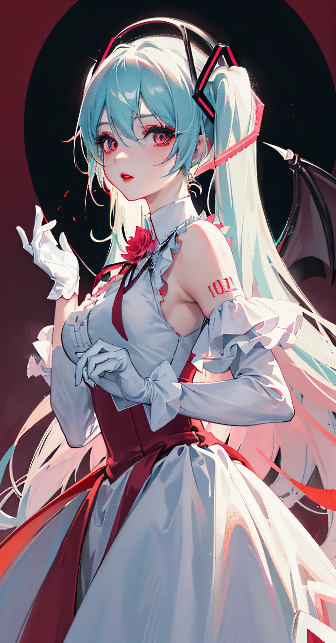 Shirt,pastel colors, masterpiece,(masterpiece，White gloves), (Hatsune Miku), Halloween style, red medium eyes, black eye-shadow, red lips, white long hair, medium breast, solo, flower wedding dress, night, grave background, star night, demon, vampire