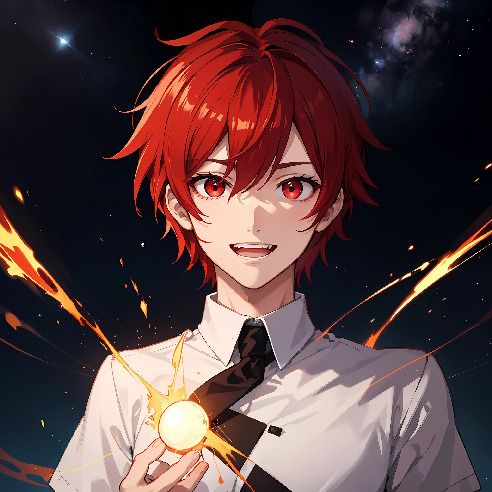 top-quality、ultra-detailliert、animesque、red eyes、Red-haired、Partially black hair、1 male、Crazy smile、White teeth、Red glowing red eyes、spacetime、shock waves、kosmos、short-hair、Men's Hairstyles、Medium hair