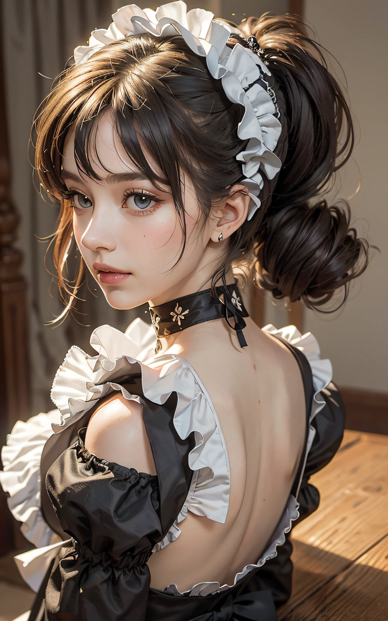 (Raw foto:1.2), masterpiece, in 8K, hight resolution, (Photorealsitic:1.4), cowboyshot, extremely detailed eye and face, beatiful detailed eyes, Realistic face, hight resolution, ighly detailed, top-quality, masterpiece, ighly detailed, magnifica, mansion, top-quality, poneyTail, (Mole:0.5), a 20 yo woman, (ssmile:0.5), Head dress, a black ribbon, puff sleeves, collars, a choker, Apron with detailed ruffles, Black Maid Costume, full back panties, half updo, from behind, 8K