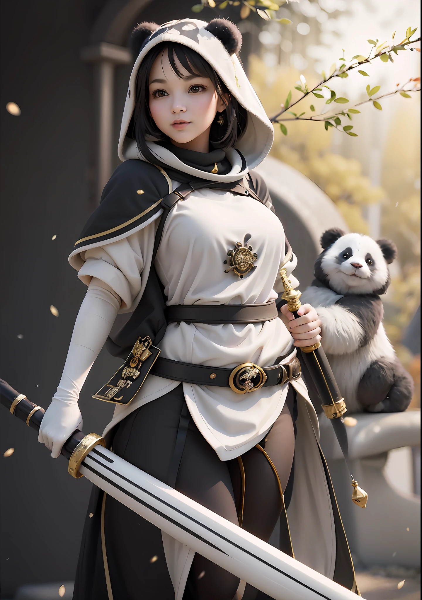 beautiful woman facing the camera black hair asian eyes, wearing a black and white panda hood holding a gleaming sword silver and gold Masterpiece, wit a cute panda bear in the background, best quality, high quality, highly detailed CG unity 8k wallpaper beautiful landscape oil painting, award winning photography, bokeh, depth of field, HDR, bloom, chromatic aberration, photorealism, highly detailed, trending on artstation, on CGsociety Trending, intricate, high detail, dramatic, midjourney art and masterpiece, best quality, high quality, extremely detailed CG unity 8k wallpaper lush summer landscape with rolling green hills stretching towards the horizon, dotted with pink, yellow wildflowers, and purples, volumetric lighting and masterpiece, best quality, high quality, extremely detailed CG unity 8k wallpapers serene autumn landscape surrounded by trees in shades of golden yellow, fiery red and burnt orange. The crisp air is laced with the sweet aroma of fallen leaves and wood smoke.
