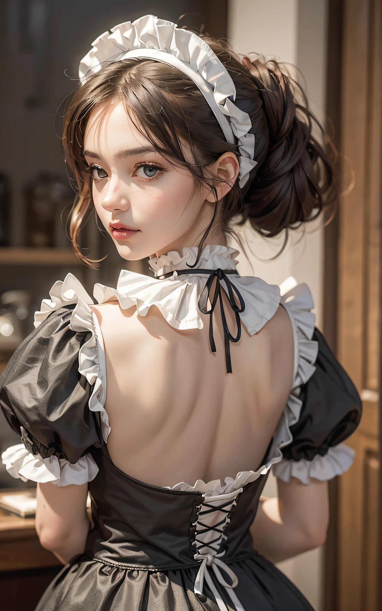 (Raw foto:1.2), ​masterpiece, in 8K, hight resolution, (Photorealsitic:1.4), cowboyshot, extremely detailed eye and face, beatiful detailed eyes, Realistic face, hight resolution, ighly detailed, top-quality, ​masterpiece, ighly detailed, magnifica, mansion, top-quality, poneyTail, (Mole:0.5), a 20 yo woman, (ssmile:0.5), Head dress, a black ribbon, puff sleeves, collars, a choker, Apron with detailed ruffles, Black Maid Costume, full back panties, half updo, from behind, 8K