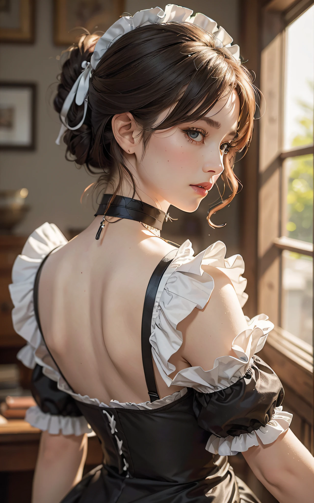 (Raw foto:1.2), ​masterpiece, At 8K, hight resolution, (Photorealsitic:1.4), cowboyshot, extremely detailed eye and face, beatiful detailed eyes, Realistic face, hight resolution, ighly detailed, top-quality, ​masterpiece, ighly detailed, magnifica, mansion, top-quality, poneyTail, (Mole:0.5), a 20 yo woman, (ssmile:0.5), Head dress, a black ribbon, puff sleeves, collars, a choker, Apron with detailed ruffles, Black Maid Costume,  half updo, from behind, 8K, full back panties