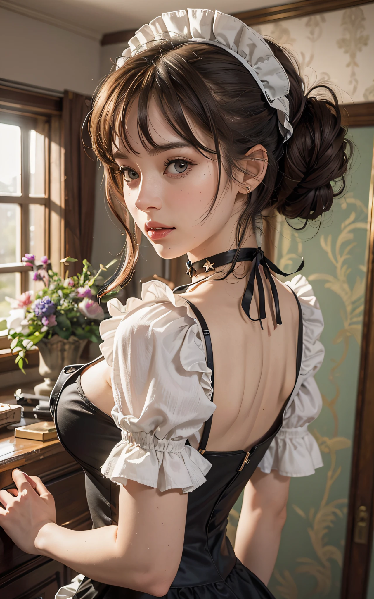 (Raw foto:1.2), masterpiece, At 8K, hight resolution, (Photorealsitic:1.4), cowboyshot, extremely detailed eye and face, beatiful detailed eyes, Realistic face, hight resolution, ighly detailed, top-quality, masterpiece, ighly detailed, magnifica, mansion, top-quality, poneyTail, (Mole:0.5), a 20 yo woman, (ssmile:0.5), Head dress, a black ribbon, puff sleeves, collars, a choker, Apron with detailed ruffles, Black Maid Costume, half updo, from behind, 8K, full back panties