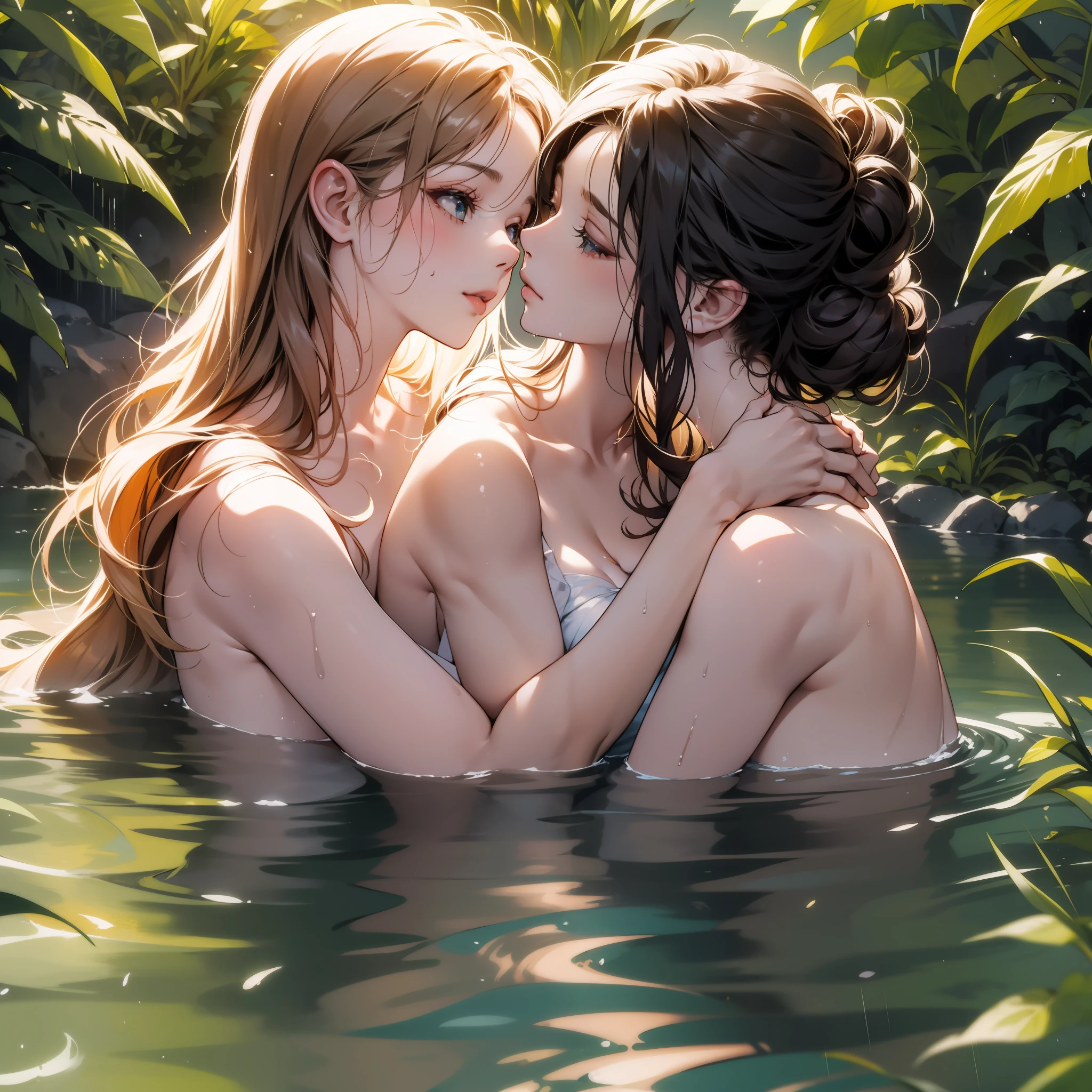 Maidens bathing, hug, kiss, lesbian, wet hair