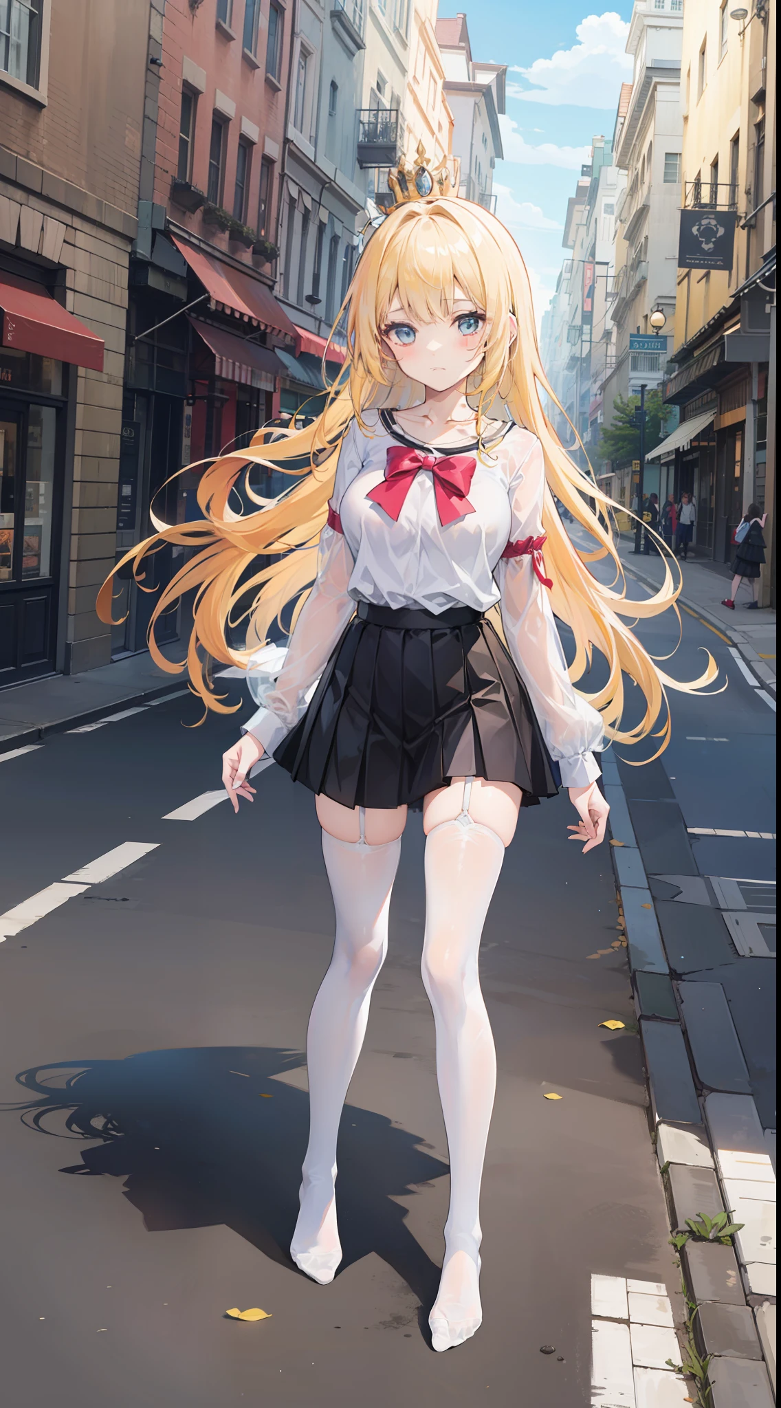 Masterpiece（（tmasterpiece）），White color blouse（（black micro skirt）），（（White transparent stockings）），（No shoes on），adolable，Raised sexy，is shy，（Long yellow）Hair，Red bow，（Crown tiara on the head），On the street，There are people around