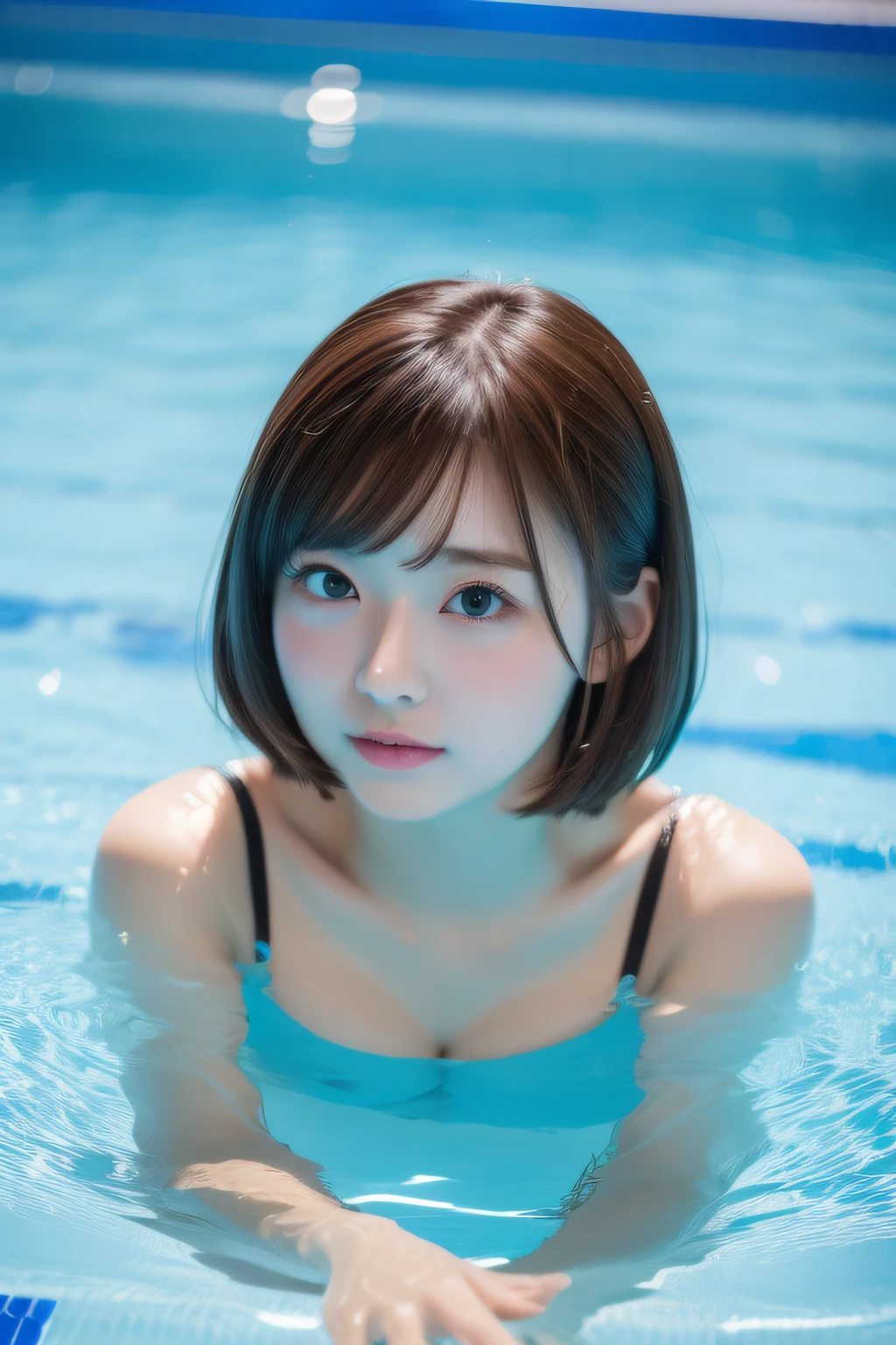 (8K, top-quality, masterpiece:1.2), (realisitic, Photorealsitic:1.37), ultra-detailliert, One girl,cute little, 独奏,In the pool,Colossal tits,Very clear water