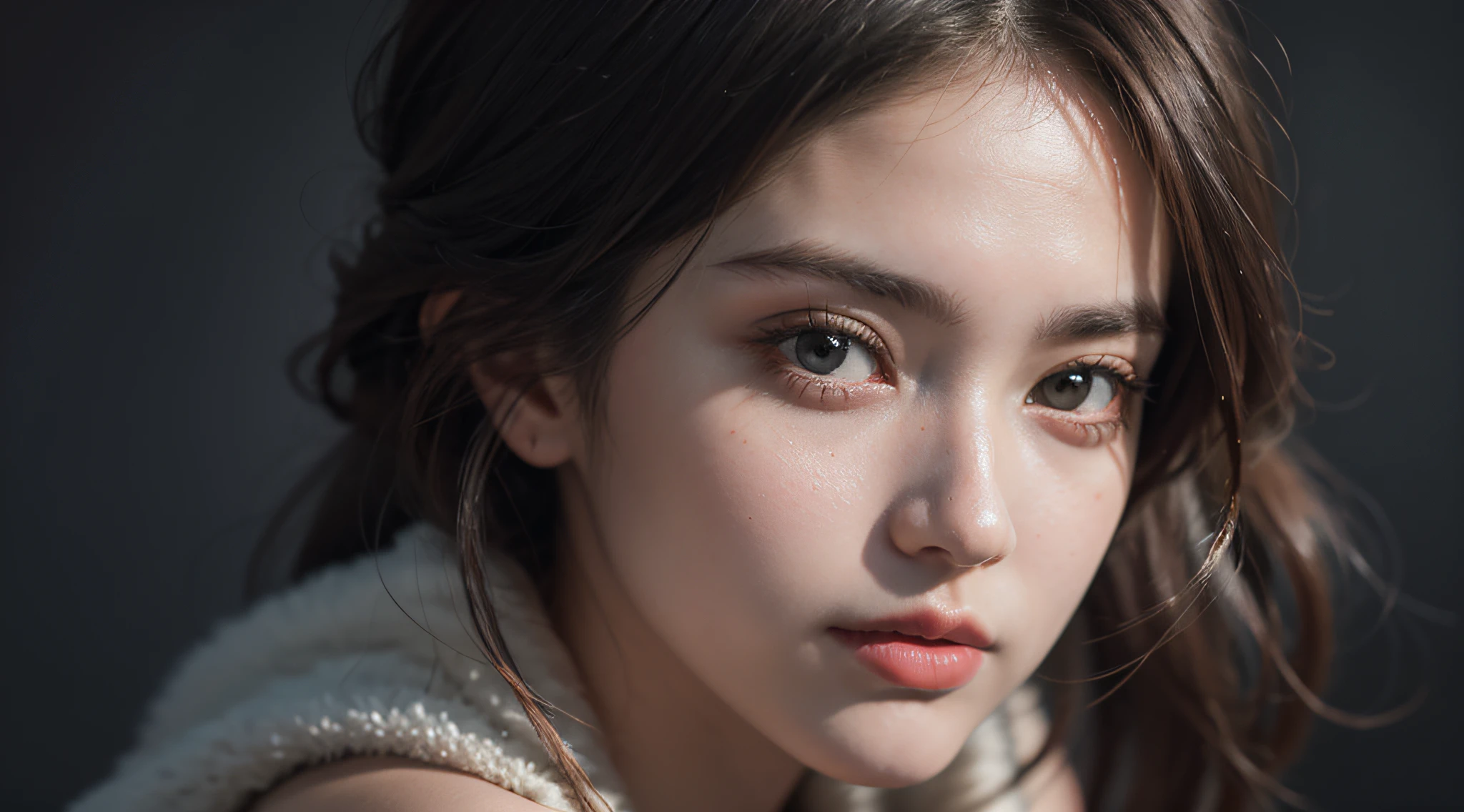 Best quality, masterpiece, ultra high res, (photorealistic:1.4), raw photo, 1girl, offshoulder, in the dark, deep shadow, low key, cold light