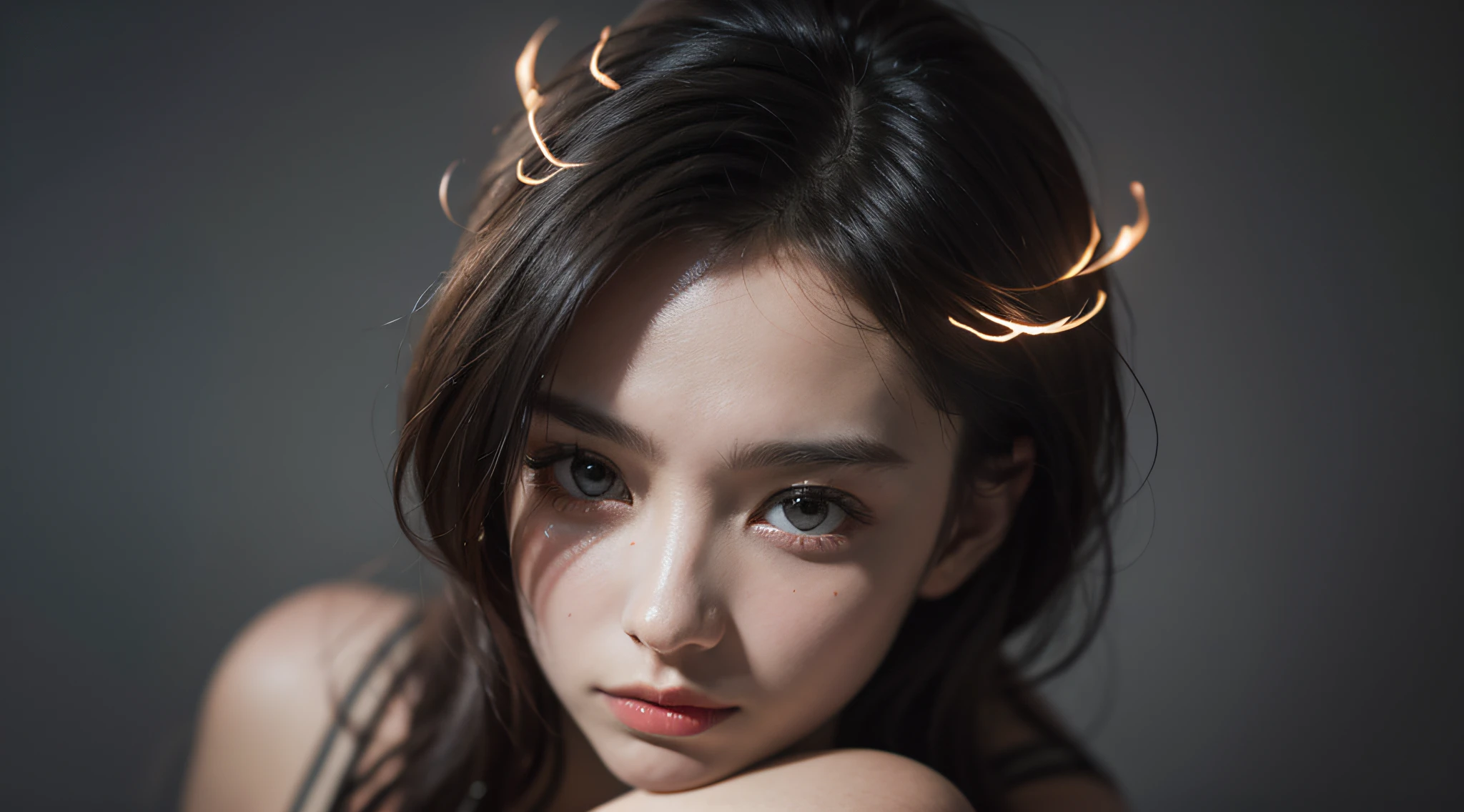 Best quality, masterpiece, ultra high res, (photorealistic:1.4), raw photo, 1girl, offshoulder, in the dark, deep shadow, low key, cold light