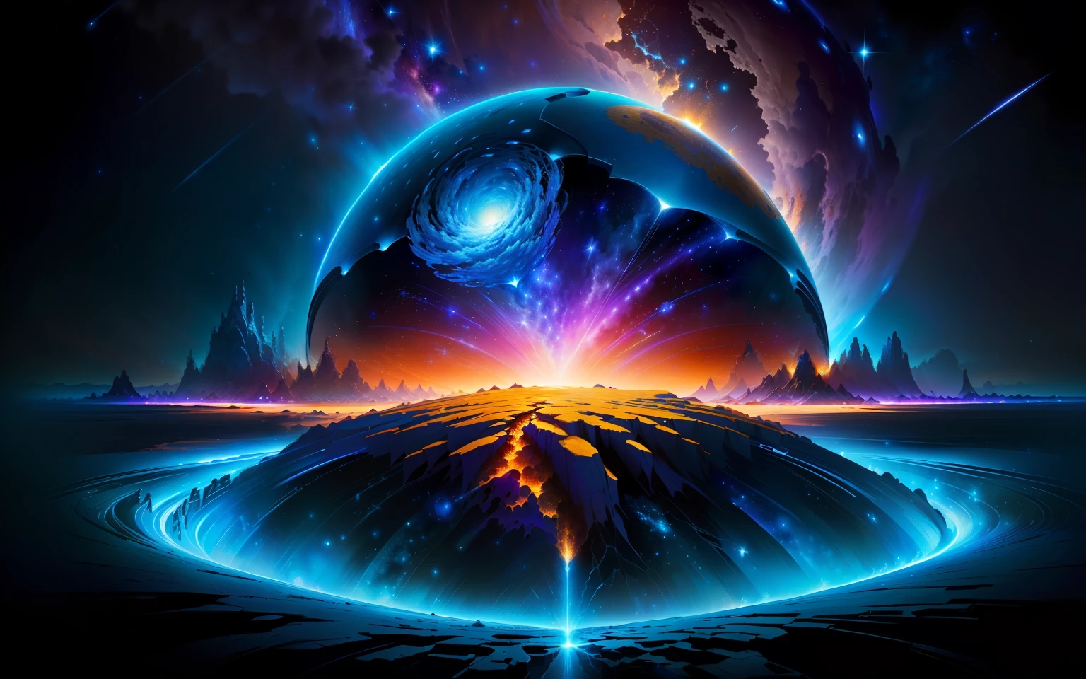 (anthill) (best quality, masterpiece), (magical, charming, beautiful blue planet), (transformation, explosion), (bright star), (ultra-detailed details, dynamic camera), (wide view), (celestial illumination), (vibrant color and saturation)