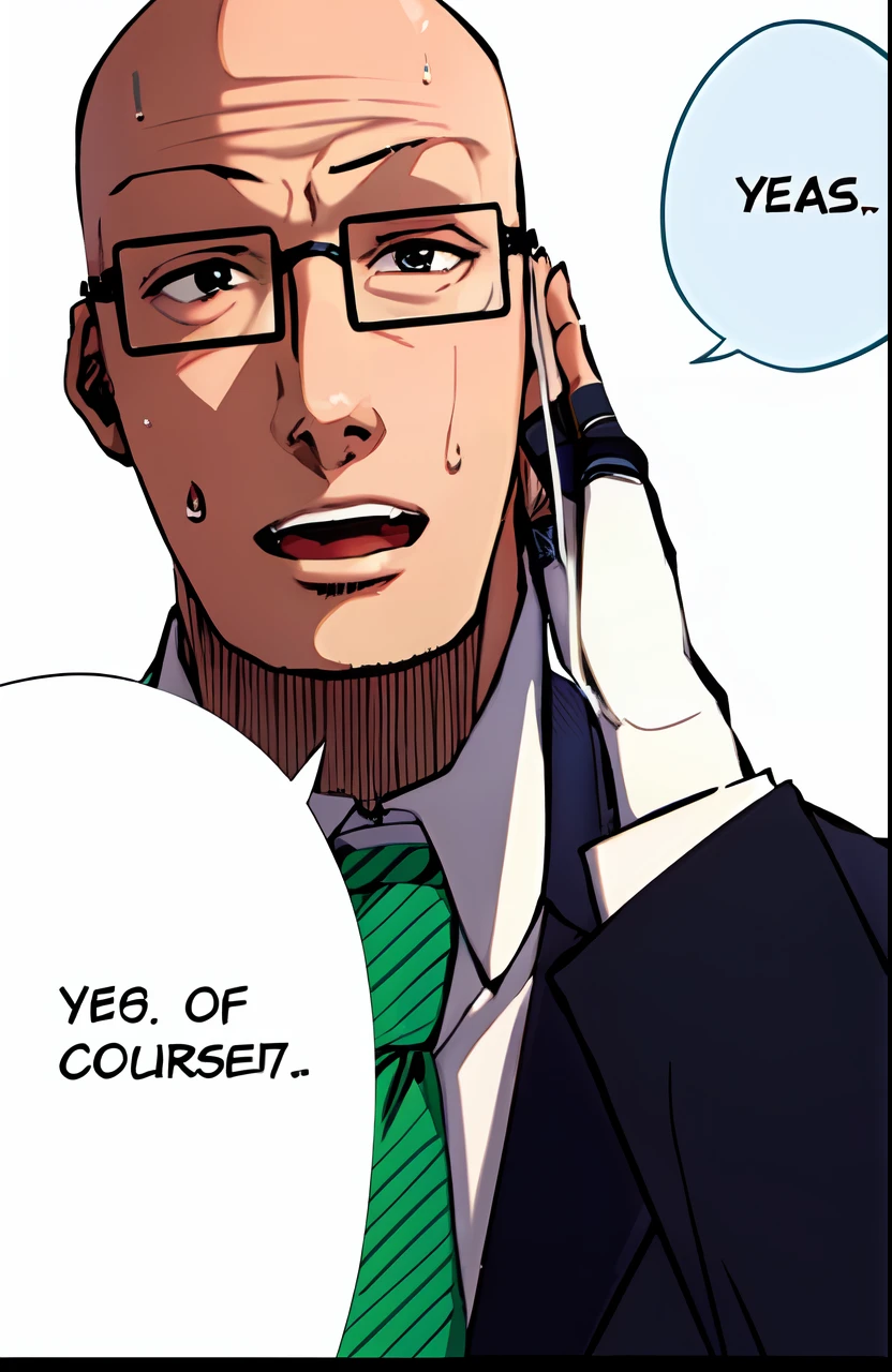 a anime of a man with no hair, bald, raise one hand for tidy up the glasses, close up, sweat, glasses, teacher, suit, confused, open mouth, text bubble speech, color manga, manga color, color manga, color manga panel, simple background, a white background