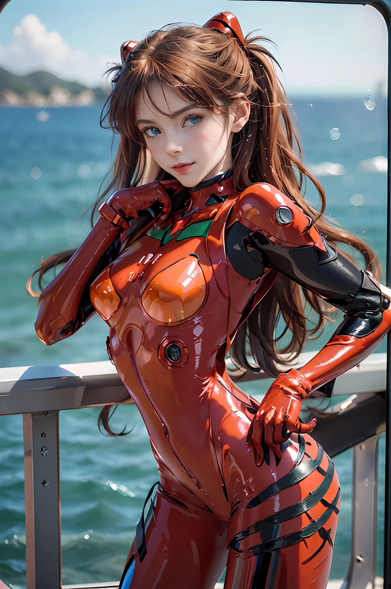 Masterpiece,8k,3D,(Realistic),Photography,Best Quality,((Full body:1.3)),1 woman,(((Souryuaska Langley, Souryuaska Langley, Translucent Crimson Plug Suit 02)))), 20 years old, (looking back),(Butt focus), (from bottom: 1.5), Tall face, Small face, Detailed face, Detailed lips, Detailed eyes, Double eyelids, (Beautiful face, blue eyes), wet eyes, thin and sharp pale eyebrows, long eyelashes, seductive smile, (semi-naked), ((translucent)), ((micro bikini)), (glossy), (crimson metallic detail gloss, mirror light bodysuit, holographic leather), beautiful fingers, black latex on the inside of the arms, (the metallic color connection under the chest goes around), the metallic color connection part circles the shoulders, 2 simple thick black lines from the thighs to the buttocks, green part of the shoulder blades, small logo pattern 02 on the chest, light brown hair, twin tails, thin waist, pale skin, ((open sea, sea, aircraft carrier, battleship, bright blue sky, horizon, strong natural light, detailed background, sunlight), bright coloring, cinematic lighting: 1, daylighting, exquisite lighting and shadows, very dramatic images, self-righteous, arrogant, blush, Dynamic Pose, UHD, DSLR, Fujifilm XT3 Focus, Sharp: 1.2,