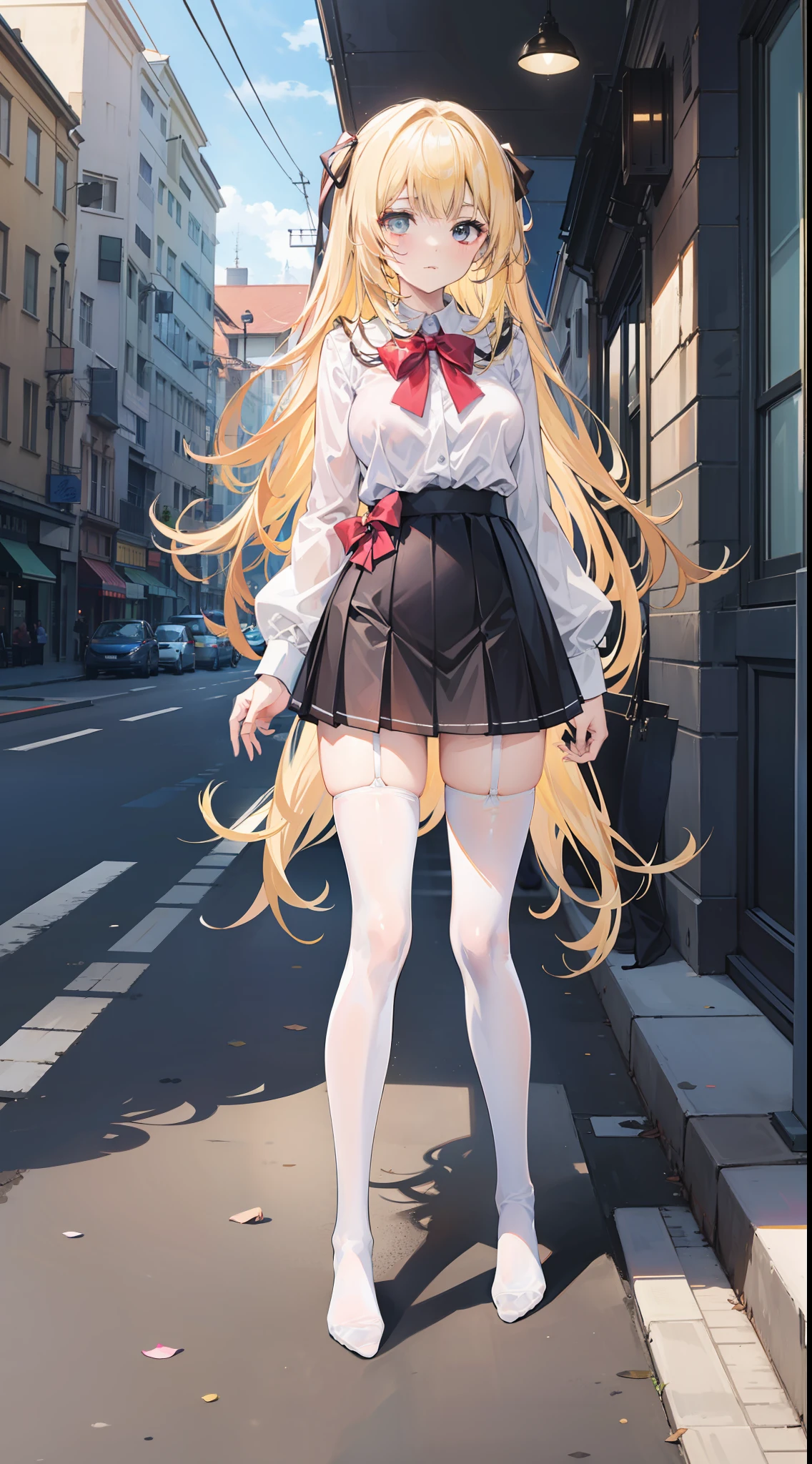 Masterpiece（（tmasterpiece）），White color blouse（（black micro skirt）），（（White transparent stockings）），（No shoes on），adolable，Raised sexy，is shy，（Long yellow）Hair，Red bow，On the street