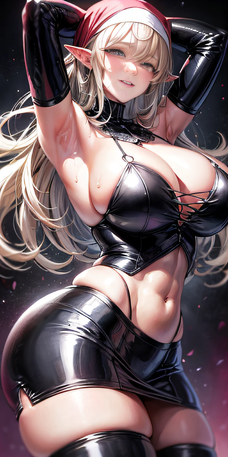 standing on your feet,huge tit,plumw,pretty face,Thick body,blond hairbl,half closed eye,ssmile,Exposed armpits,tmasterpiece,Super mass,4K quality,high detal,Elf Mom,Black latex nun headscarf,Lace latex skirt,cleavage,Black latex pantyhose,Wearing sweat,wetclothes,ssee-through,Lower abdomen succubus pattern,add_detail:1.5,Super sexy black latex jacket,muscular legs,the cute sexy ass,The buttocks are wrapped in latex,Astock strangulation,Super plump ass,