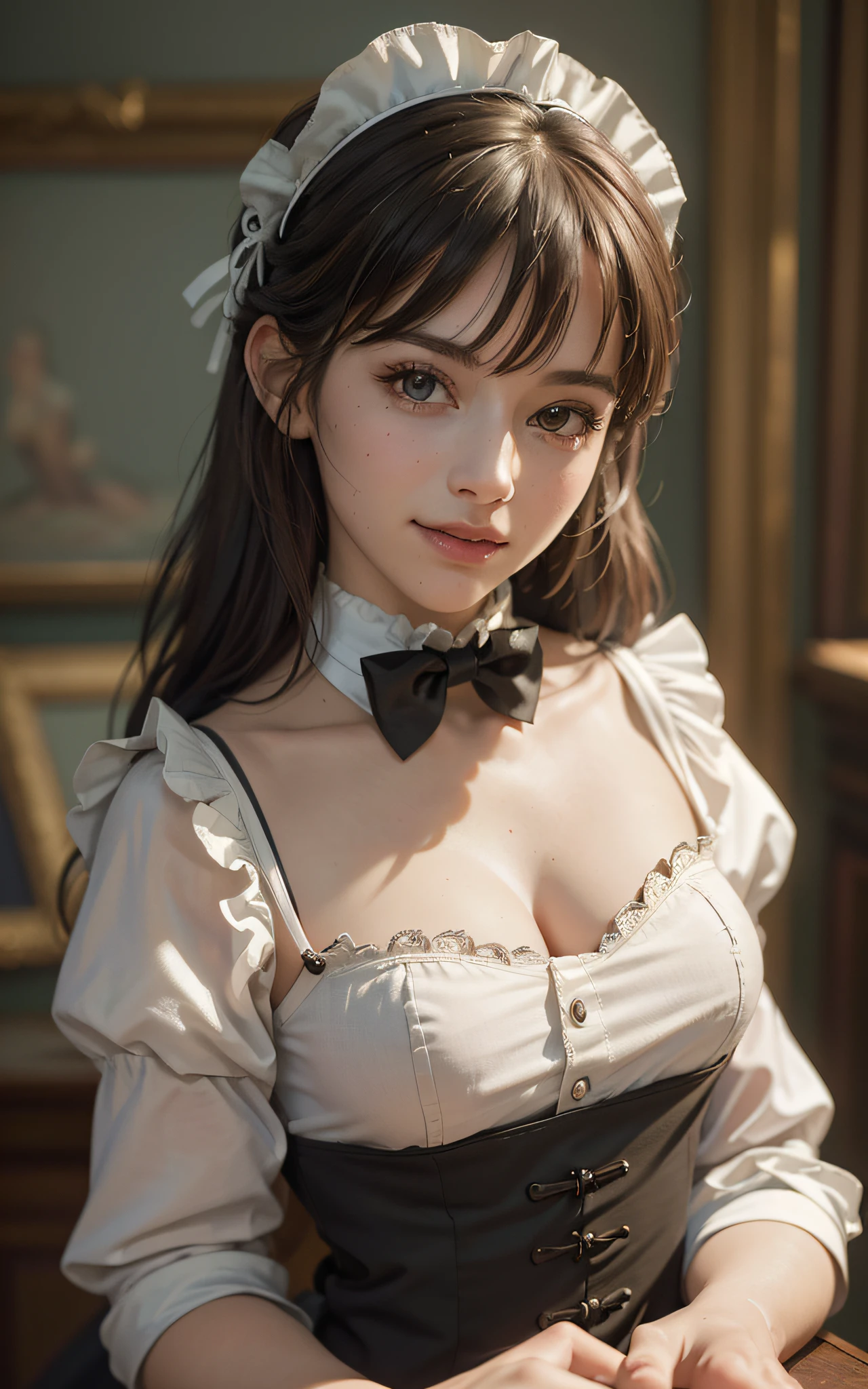 (8k, RAW photo, best quality, masterpiece:1.2), High detail RAW color photo, professional photograph, cowboyshot, (realistic, photo realistic:1.37), ((best quality)), 1woman, cinematic light, (finerly detailed face:1.2), (masterpiece:1.5), (best quality:1.2), (Mole:0.5), (smiling:0.9), (looking at viewer:1.2), white panties, bowtie, (detailed maid:1.2)