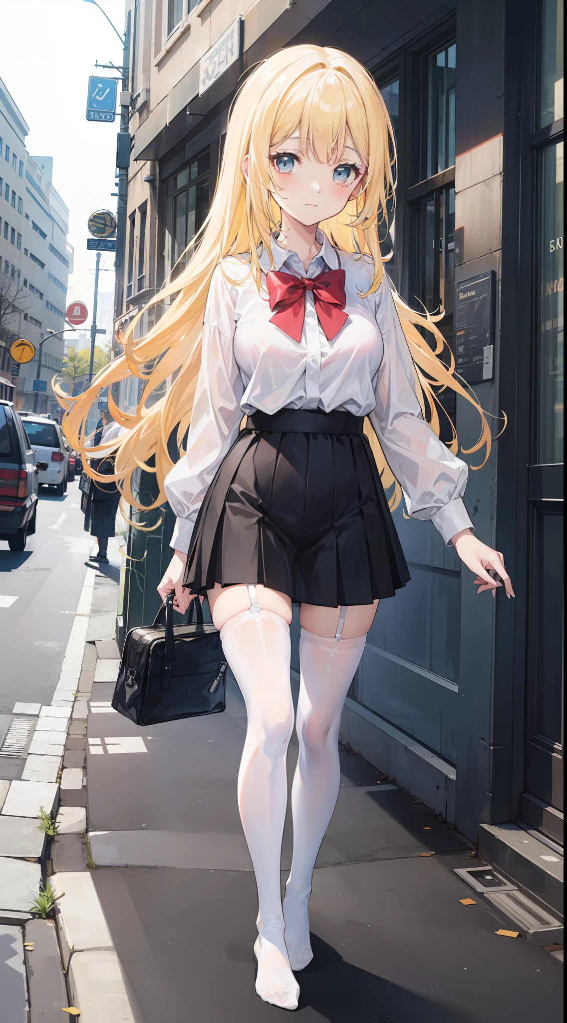 Masterpiece（（tmasterpiece）），White color blouse（（black micro skirt）），（（White transparent stockings）），（No shoes on），adolable，Raised sexy，is shy，（Long yellow）Hair，Red bow，On the street