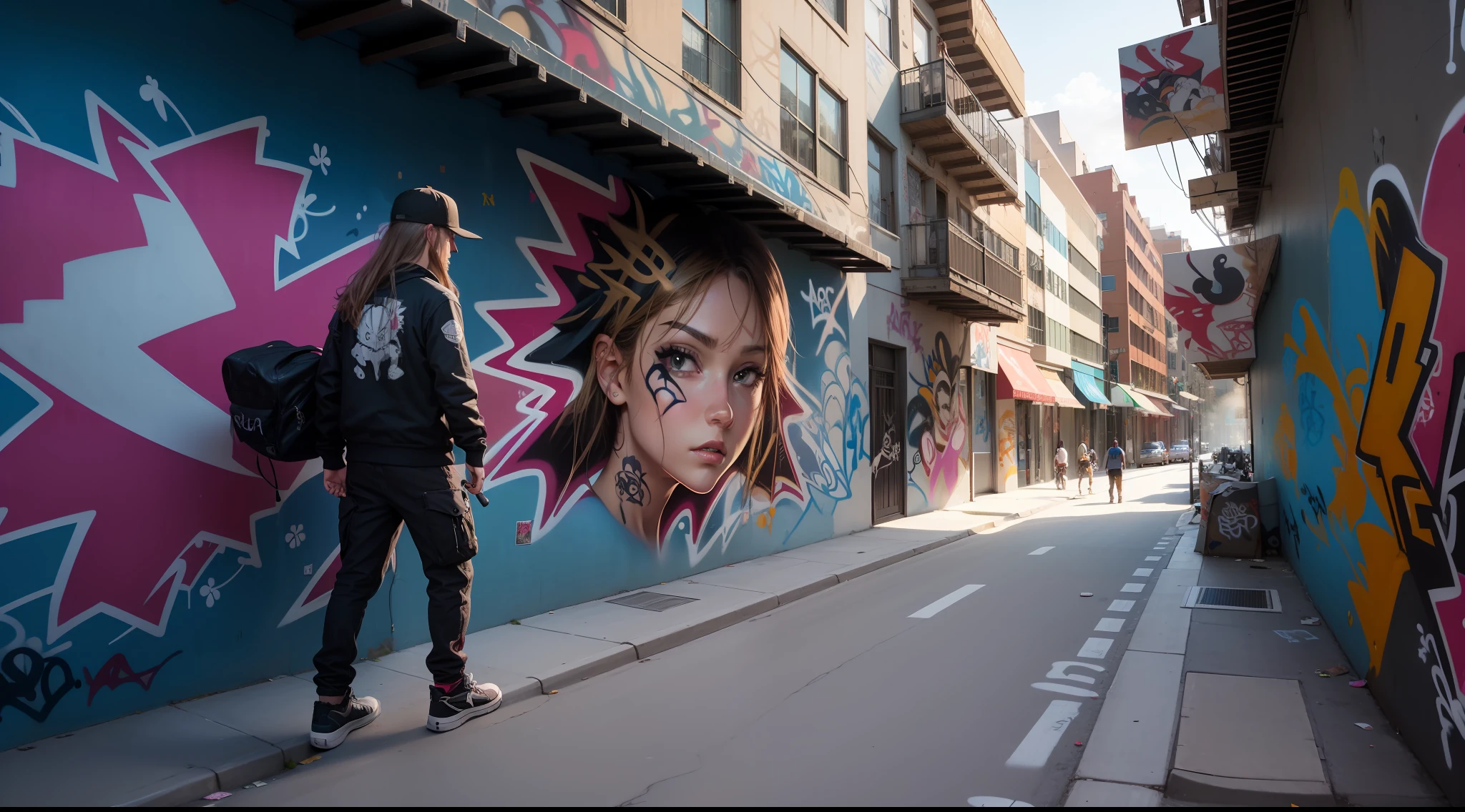 Estilo Anime, obra prima, --1 boy --long hair --cap turned --baggy skateboarder-style clothes --tribal tattoos --steampunk --spray can in hand --enjoying wall, (((( Street Art Graffiti)))) --parede desgastada --grafite semi terminado, --grafite na parede --desenho estilo Tarsila do Amaral, --rua movimenta --noite --movimentada --hora do rush --carros --pessoas --semaforo --faixa de pedestres, detalhes intrincados, in action, perfect features, Dramatic, Cinematic lighting, Highlight lighting, SSAA, smooth rendering, no noise --testp --ar 2:3 --video --no lazy prompts