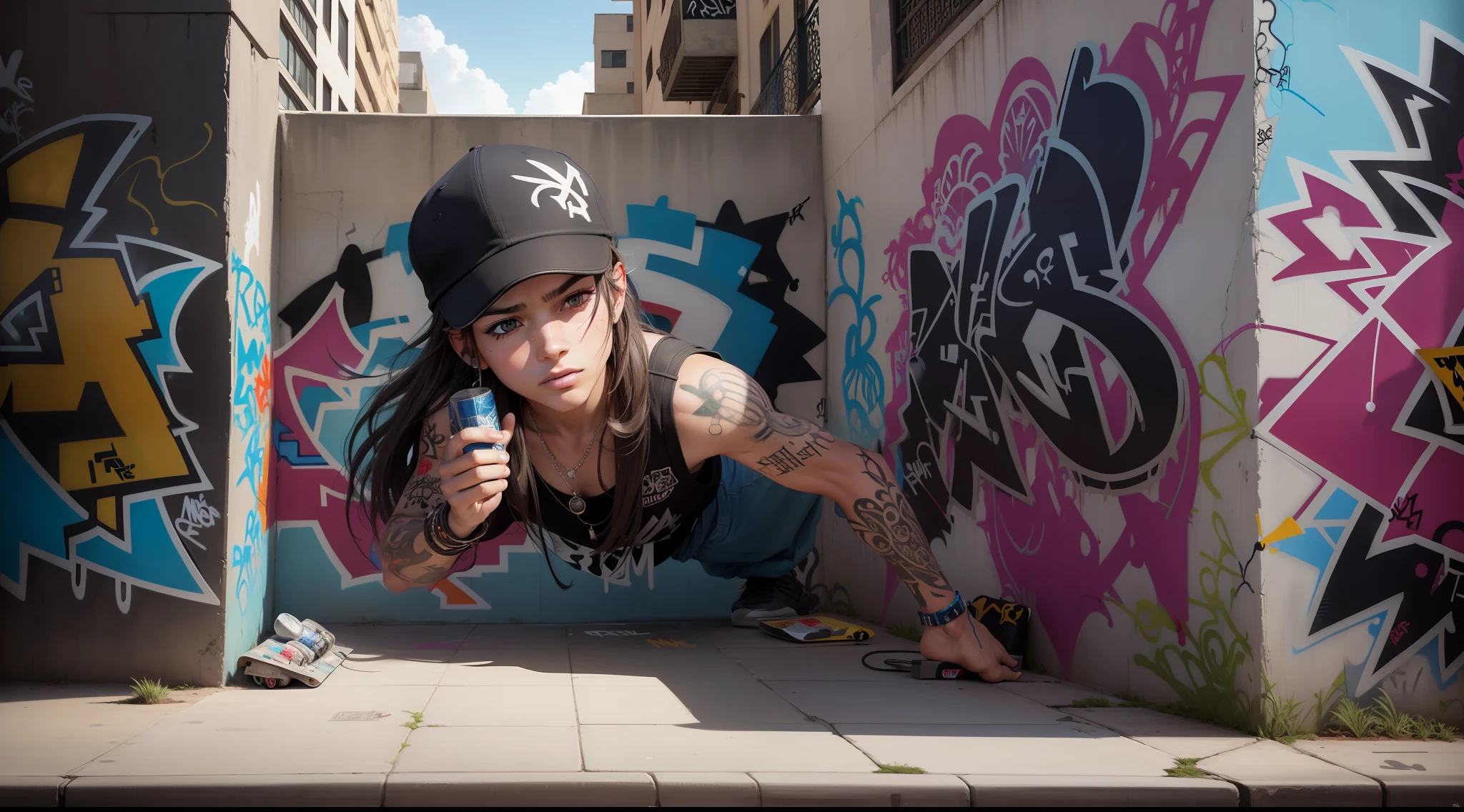 Estilo Anime, obra prima, --1 boy --long hair --cap turned --baggy skateboarder-style clothes --tribal tattoos --steampunk --spray can in hand --enjoying wall, (((( Street Art Graffiti)))) --parede desgastada --grafite semi terminado, --grafite na parede --desenho estilo Tarsila do Amaral, --rua movimenta --noite --movimentada --hora do rush --carros --pessoas --semaforo --faixa de pedestres, detalhes intrincados, in action, perfect features, Dramatic, Cinematic lighting, Highlight lighting, SSAA, smooth rendering, no noise --testp --ar 2:3 --video --no lazy prompts