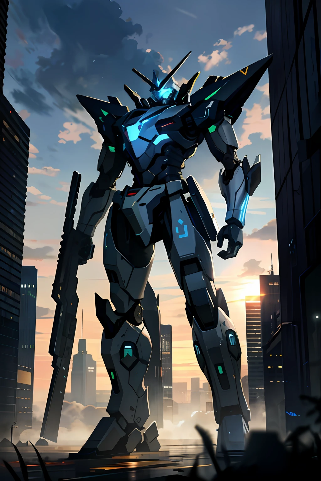 sky, cloud, holding_weapon, no_humans, glowing, , robot, building, glowing_eyes, mecha, science_fiction, city, realistic,mecha