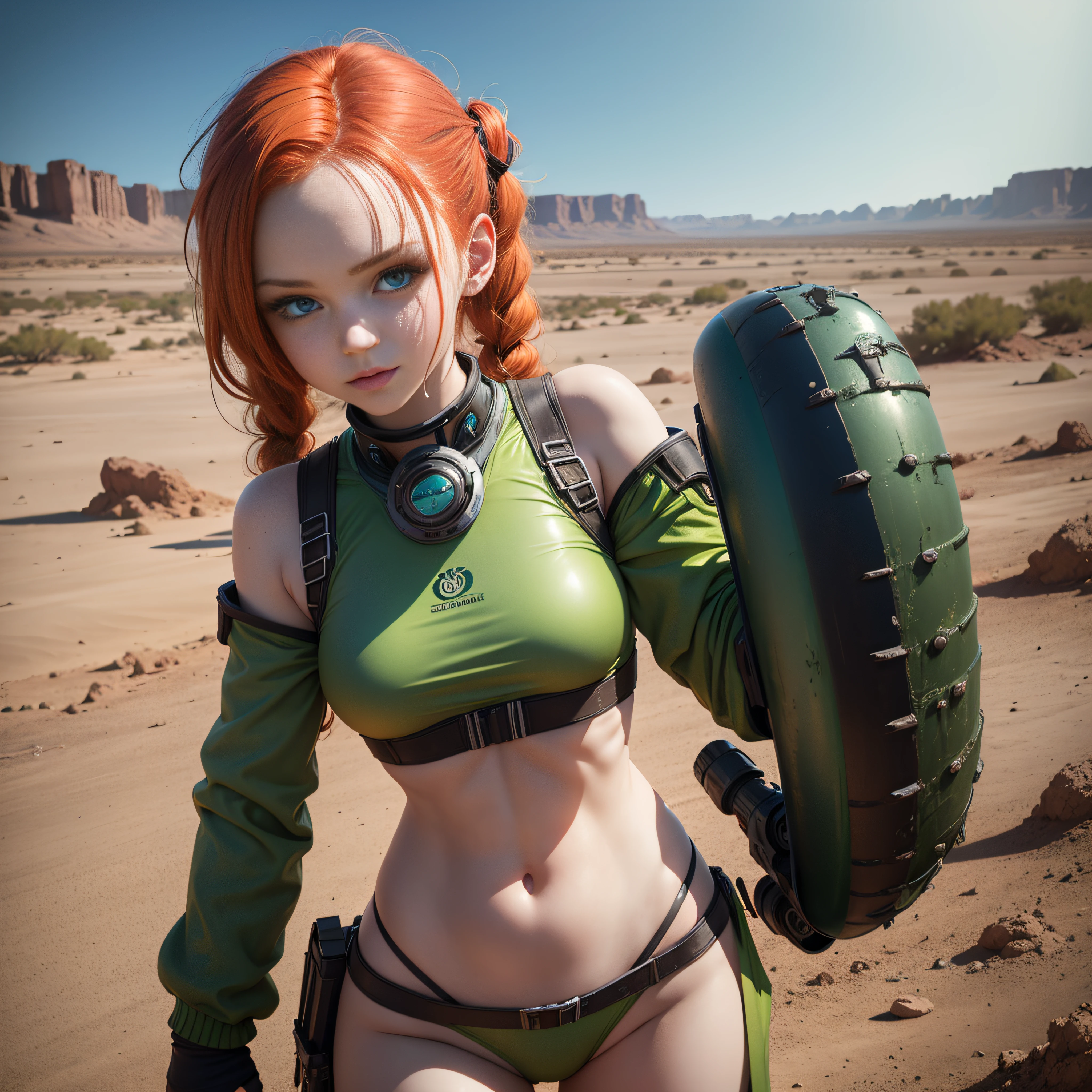 cute redhead woman in twin tails, multiple rainbow colored hair, sky-blue eyes, happy, Ukrainian, petite, pale skin, wearing a green metallic color bikini, post apocalyptic background, bleak barren desert, photo realistic woman. --auto